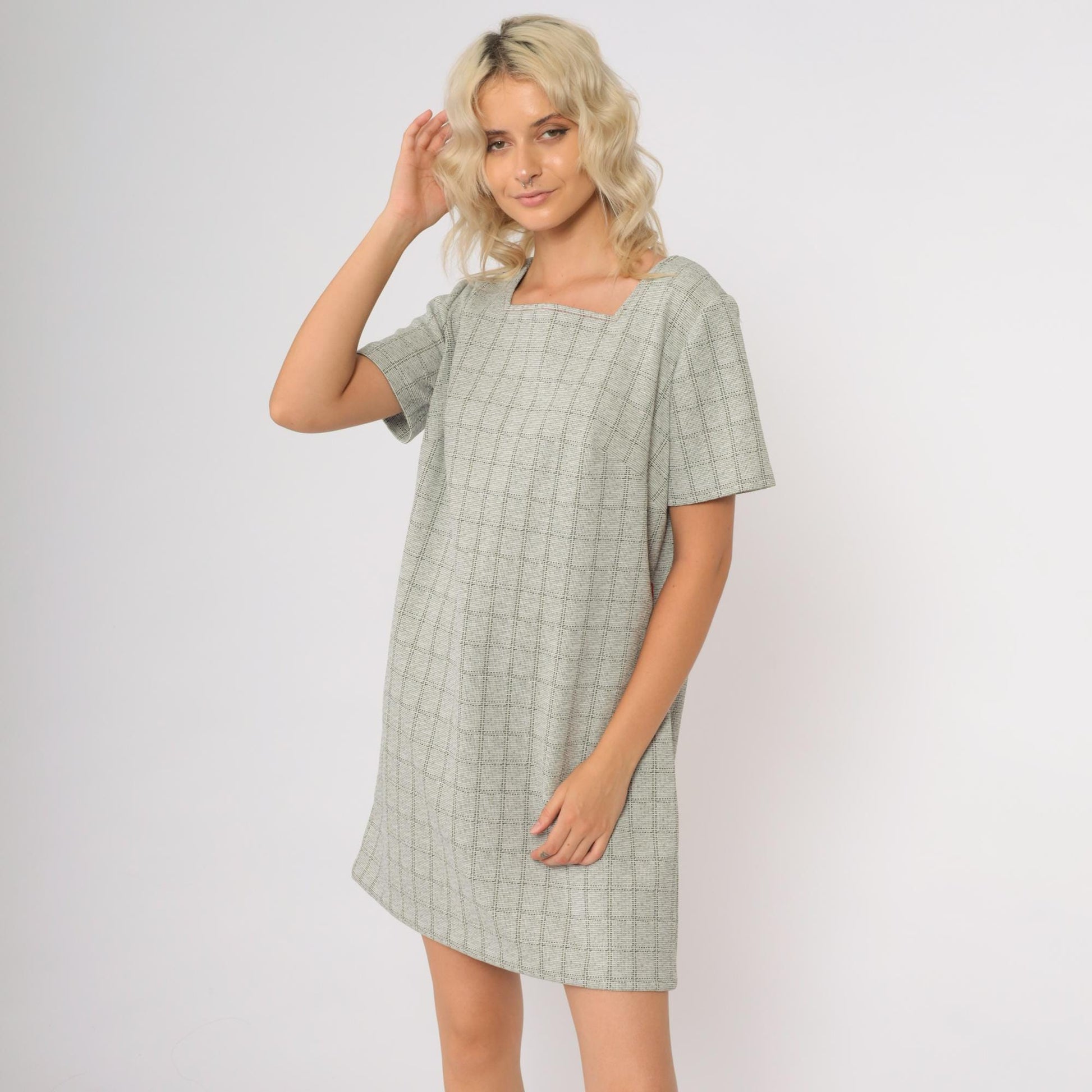 60s Plaid Mini Shift Dress Grey Square Neckline Mod Short Sleeve Medium