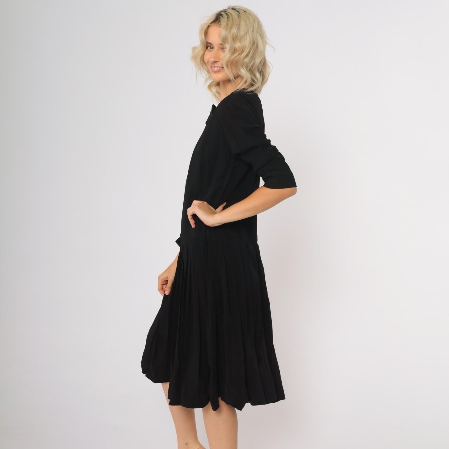 50s Black Pleated Midi Dress Drop Waist Bow Detail Round Neck Medium M