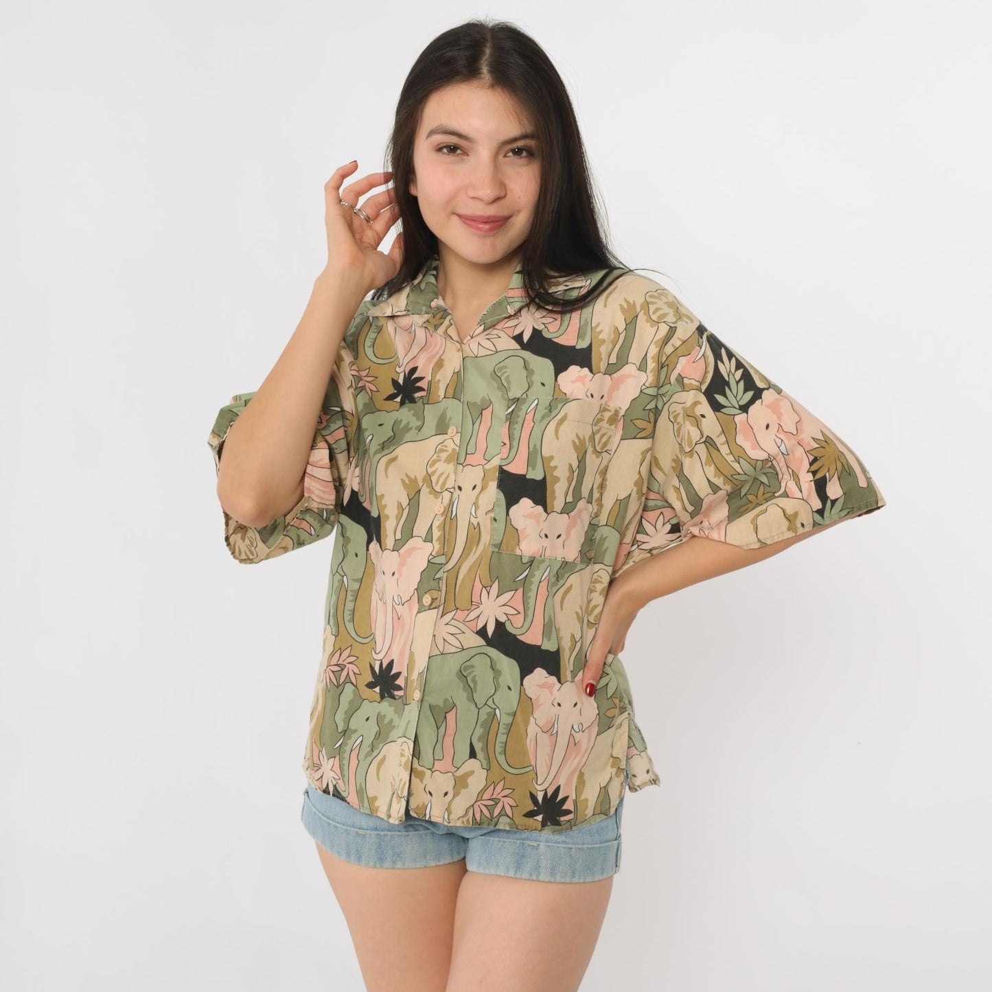 90s Soho Elephant Print Shirt Cotton Button Front Small