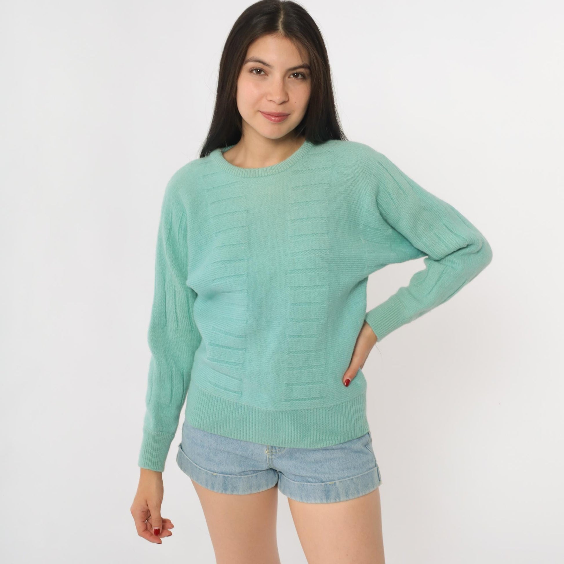 80s Kaelin Mint Green Wool Crew Neck Pullover Textured Knit Small S