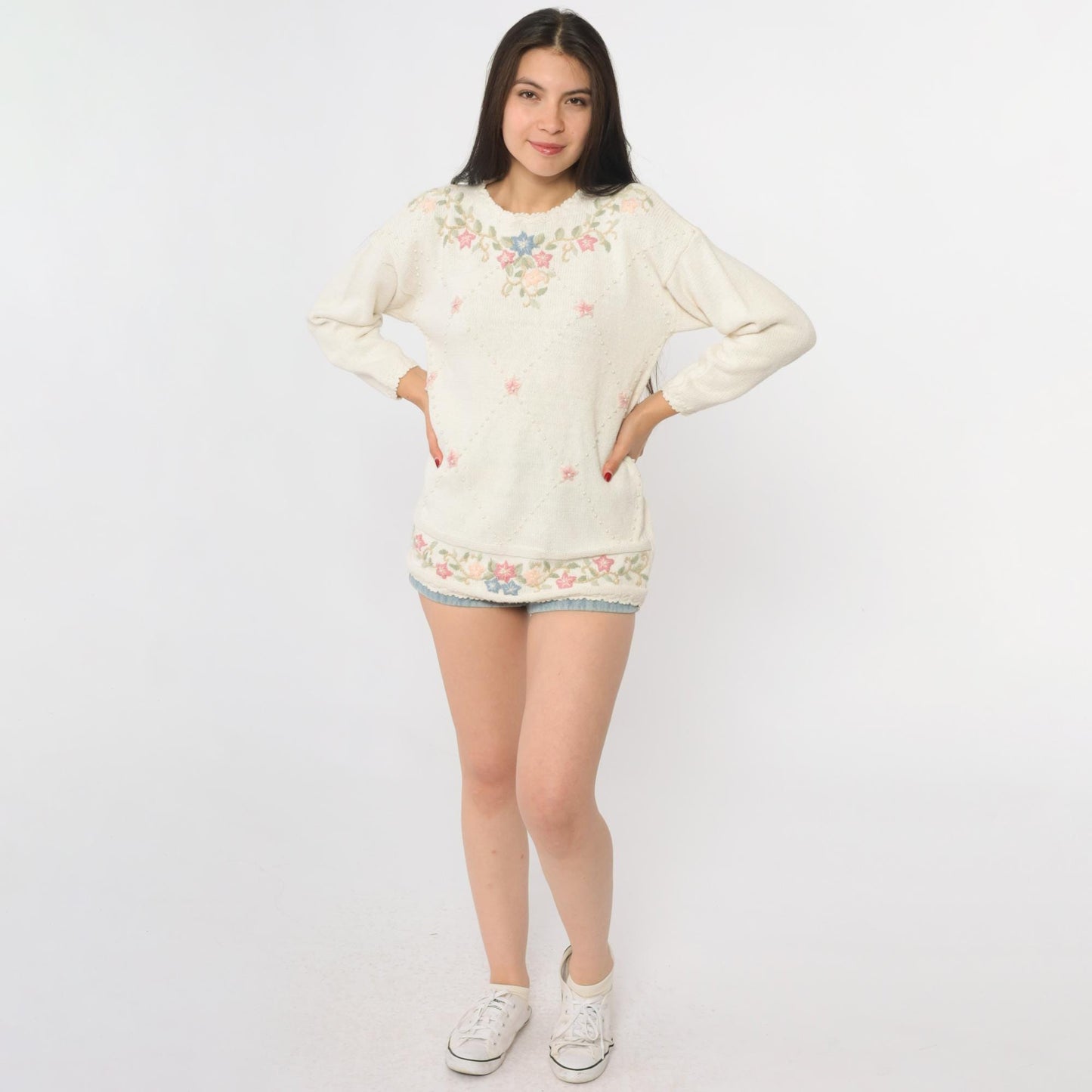 90s Carolyn Taylor Cream Floral Embroidered Sweater Small S
