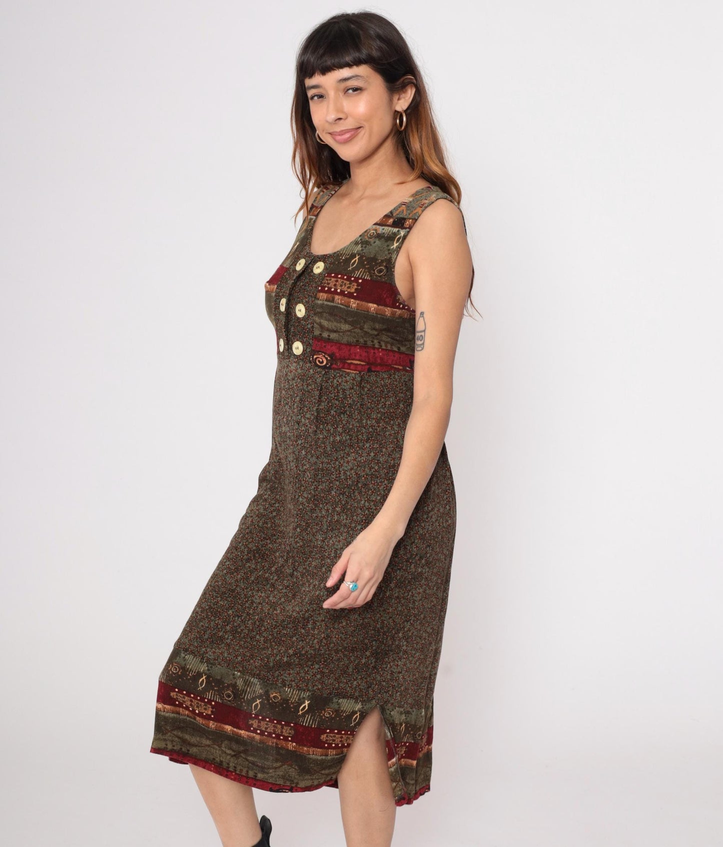 90s Patchwork Midi Dress Tribal Print Button Front Sleeveless Small S