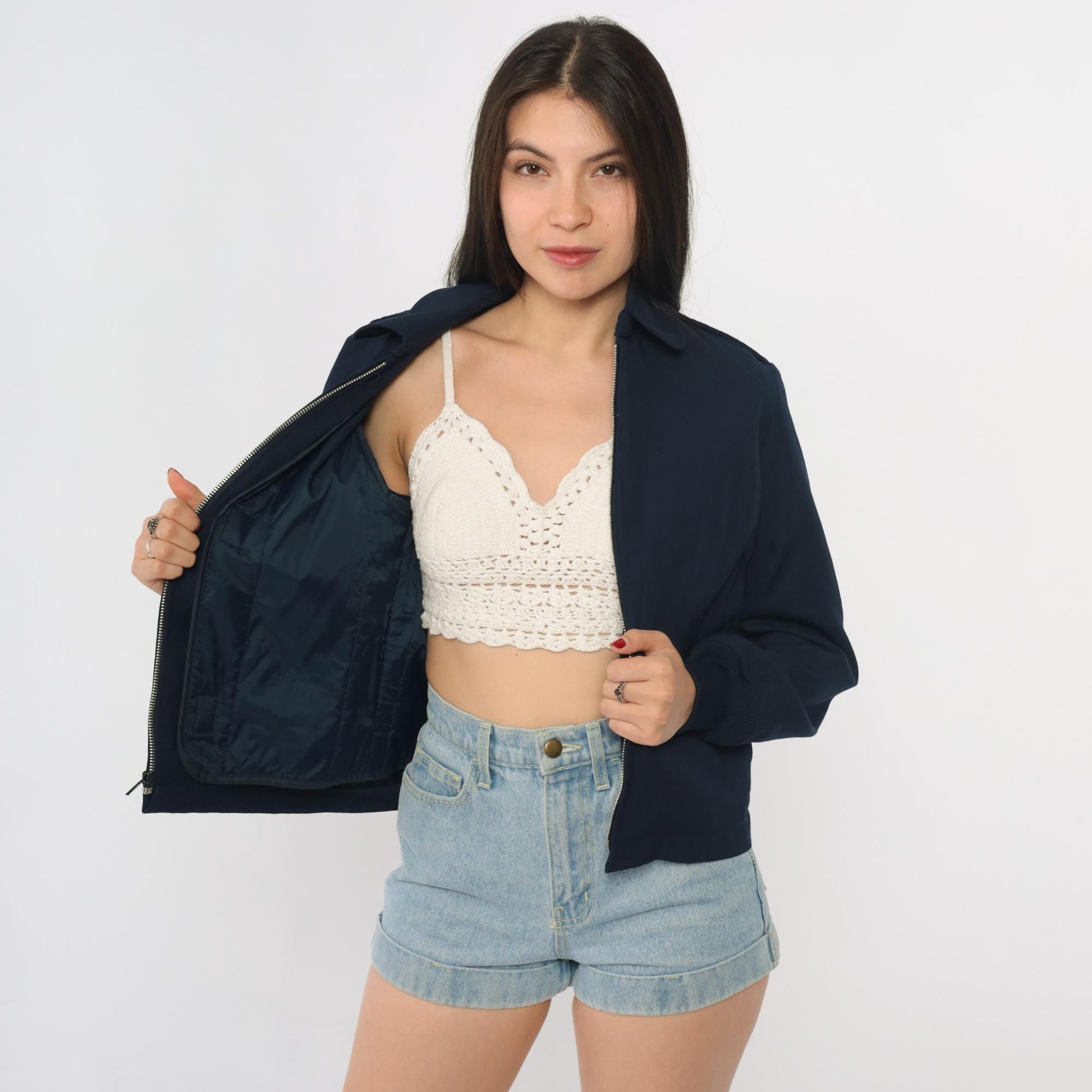 Y2K Navy Bomber Jacket Wool Blend Zip Front Ribbed Cuffs Small S