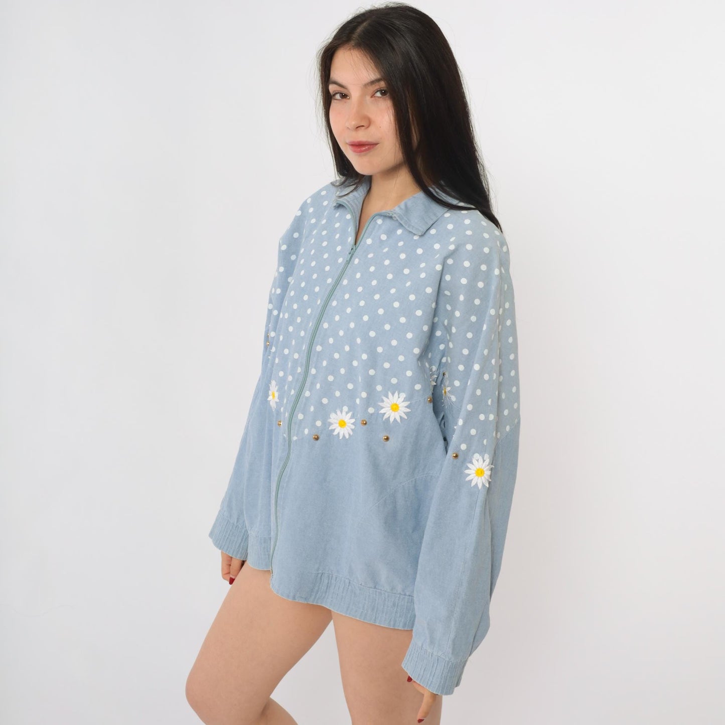 90s Gepetto Blue Polka Dot Daisy Embroidered Cotton Jacket Small