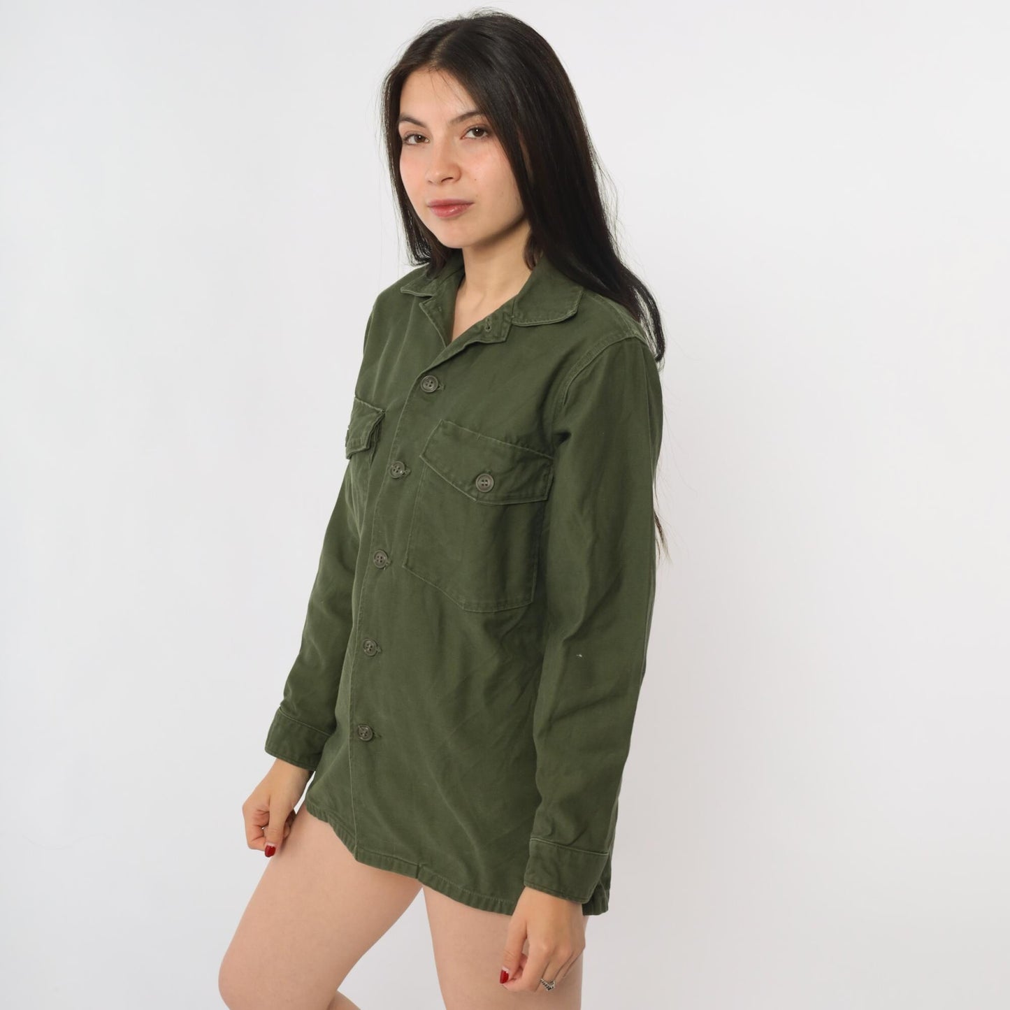 80s Army Green Military Utility Button-Down Shirt Cotton Sateen Small