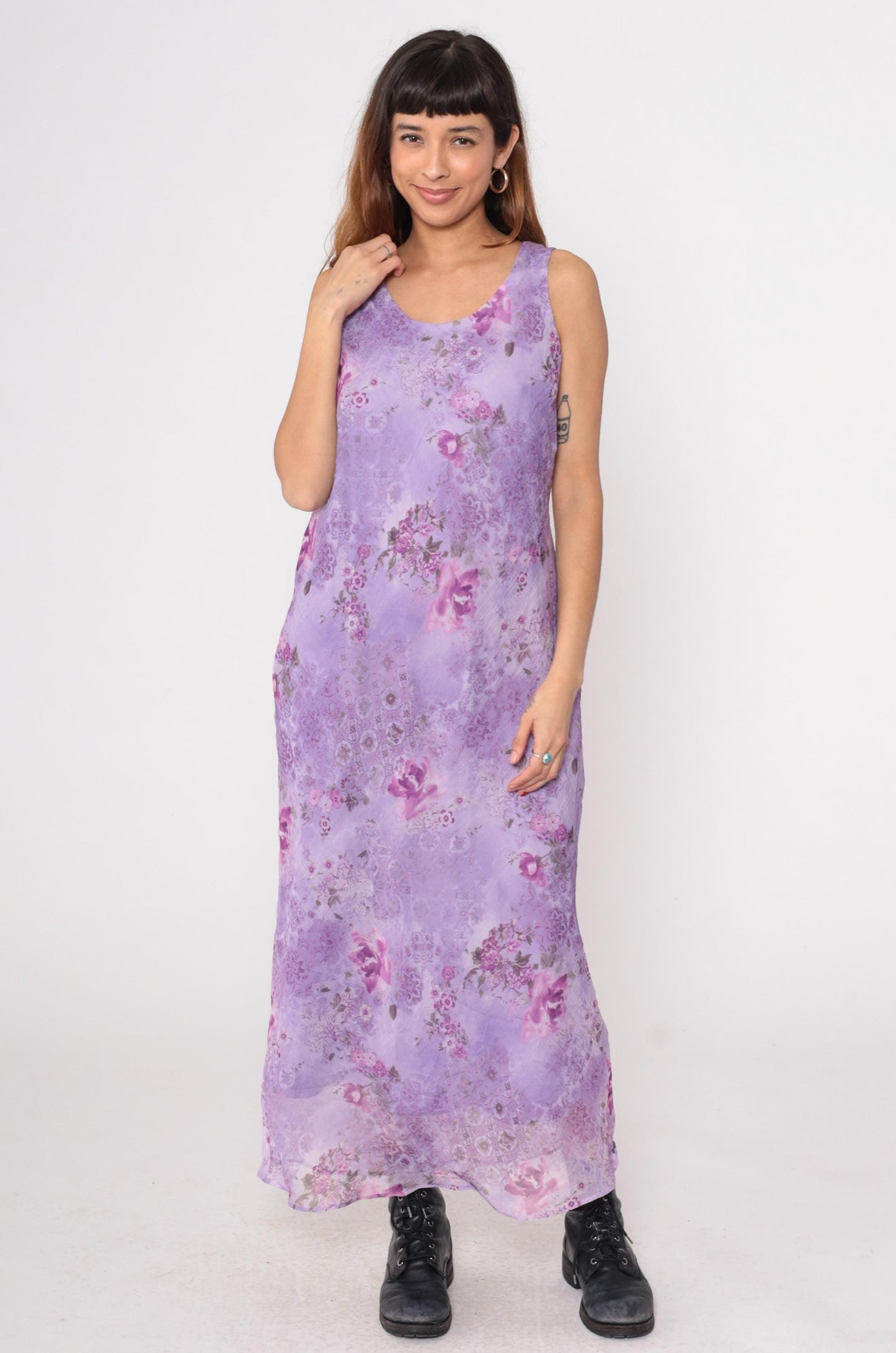 90s K Studio Lavender Floral Maxi Dress Sleeveless V-Neck Chiffon Large