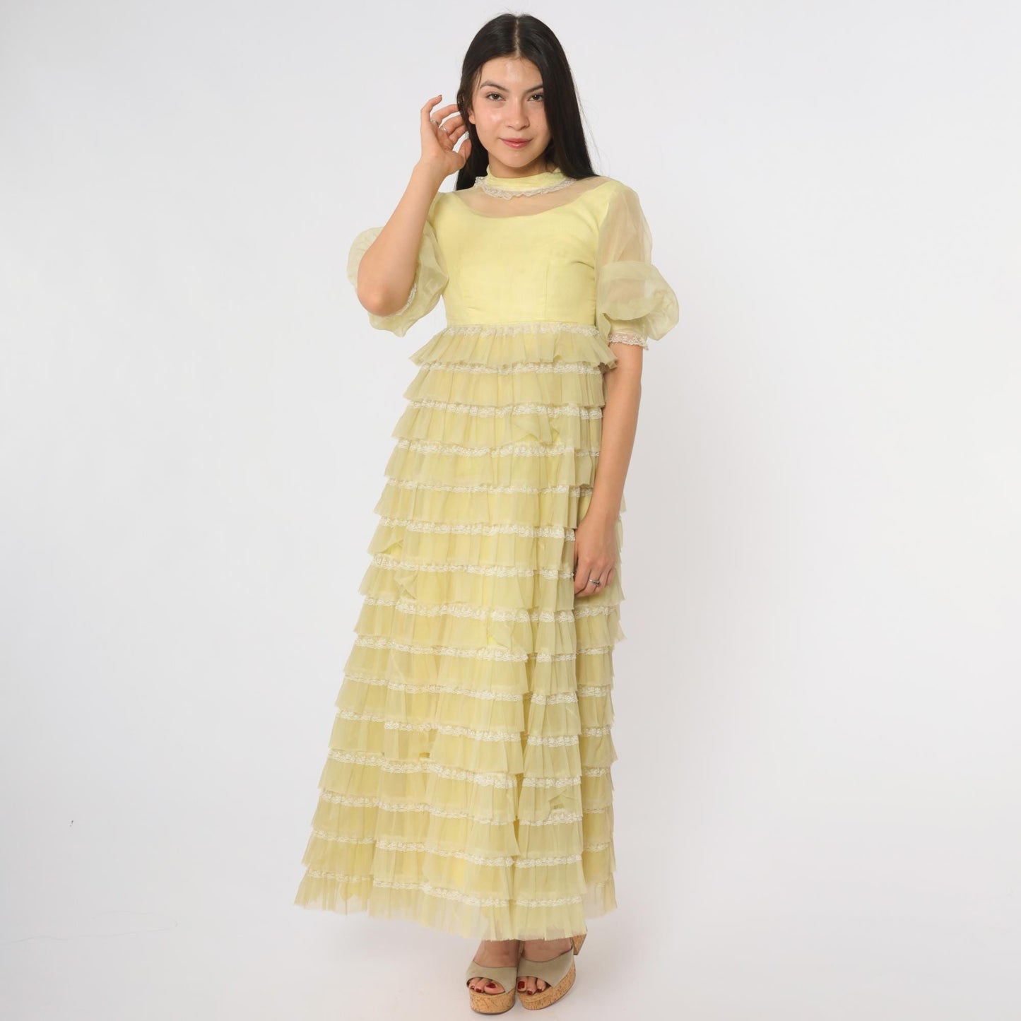 60s Yellow Maxi Dress Tiered Puff Sleeve Lace Trim Extra Small XS
