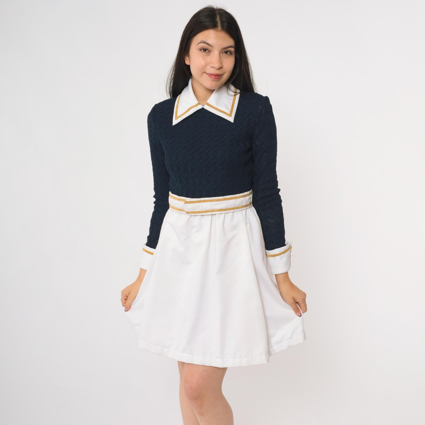 70s Navy Mini Dress Peter Pan Collar Gold Trim A-Line Long Sleeve Extra Small