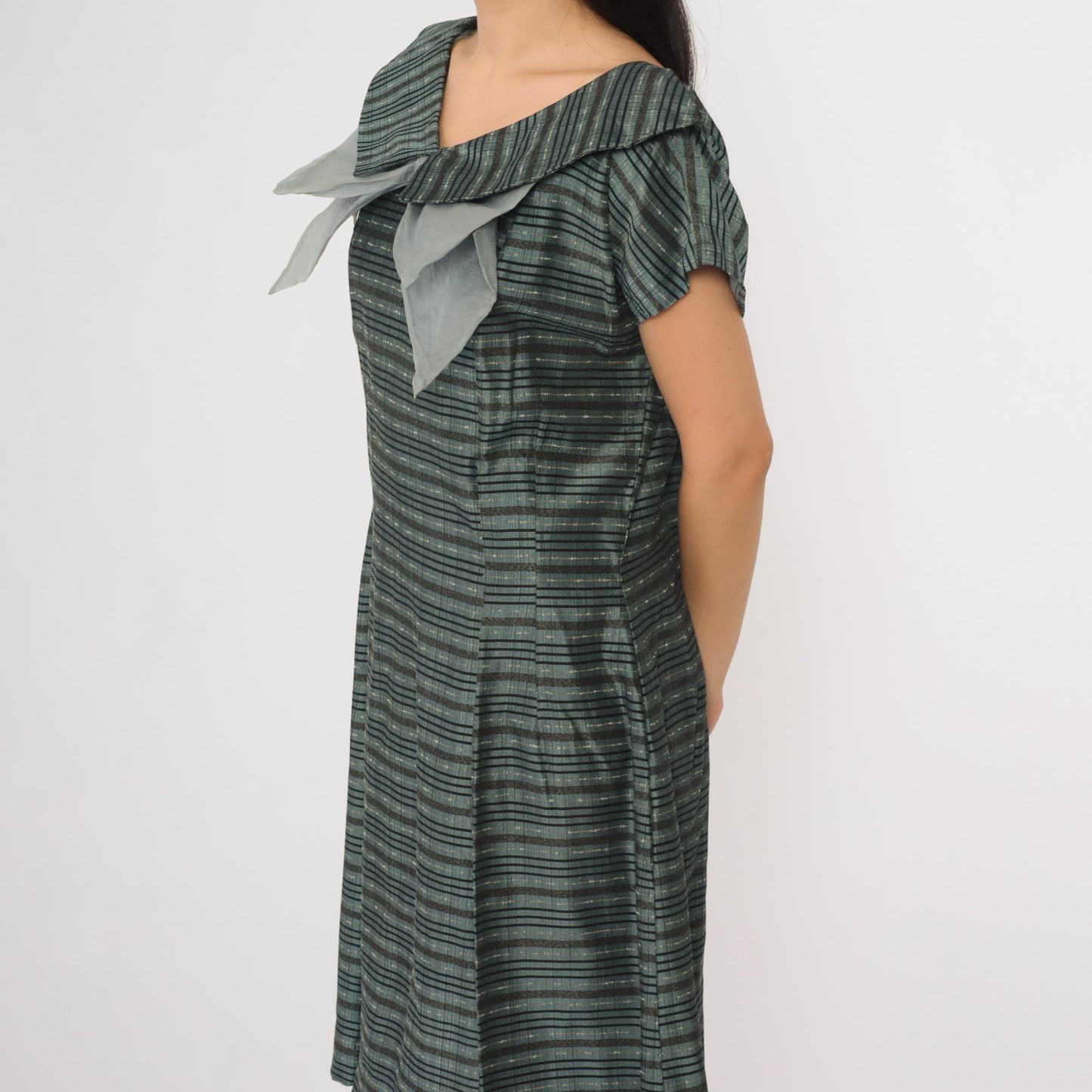 60s Gray Striped Bow Dress A-Line Midi Cap Sleeve V-Neck Large L