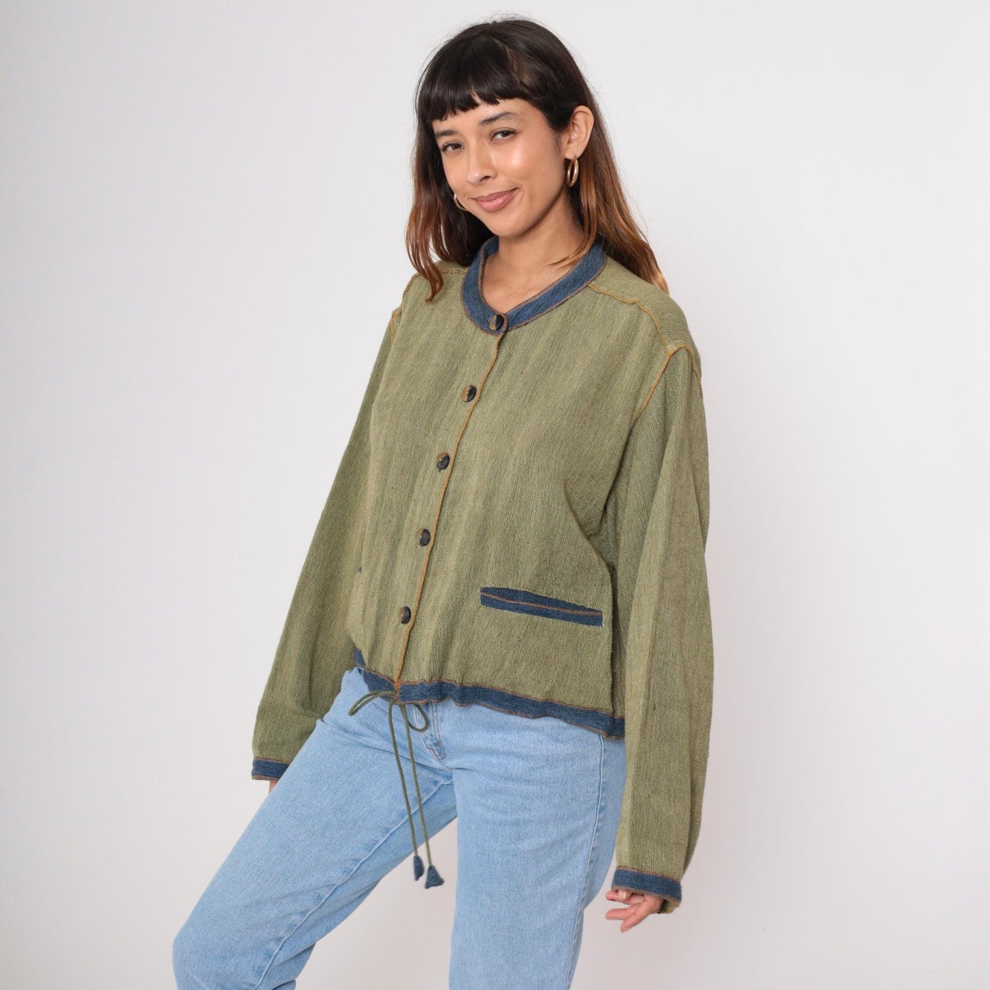 Y2K Tribe Green Cotton Cardigan Blue Trim Drawstring Waist Extra Large XXL