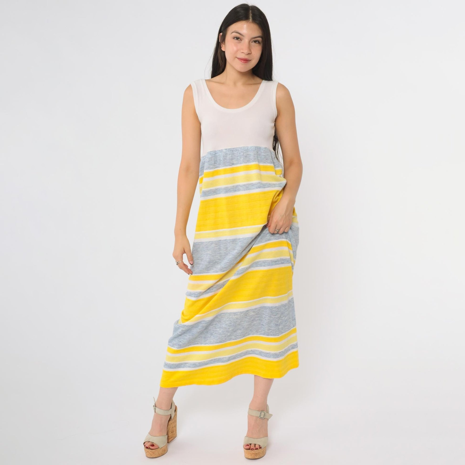 70s Yellow Grey Striped Maxi Dress Sleeveless Scoop Neck A-Line Medium