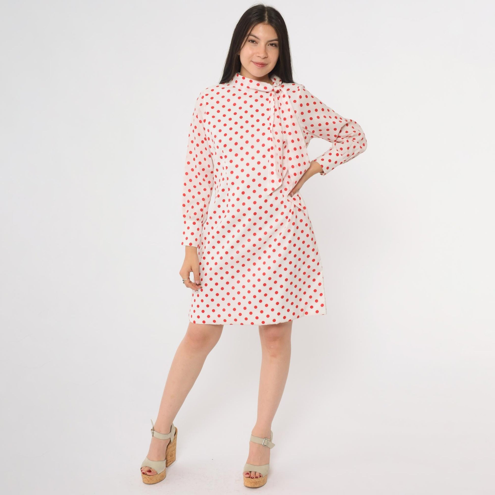 60s Mod Polka Dot Mini Dress Ascot Bow Tie Long Sleeve White Red Medium M