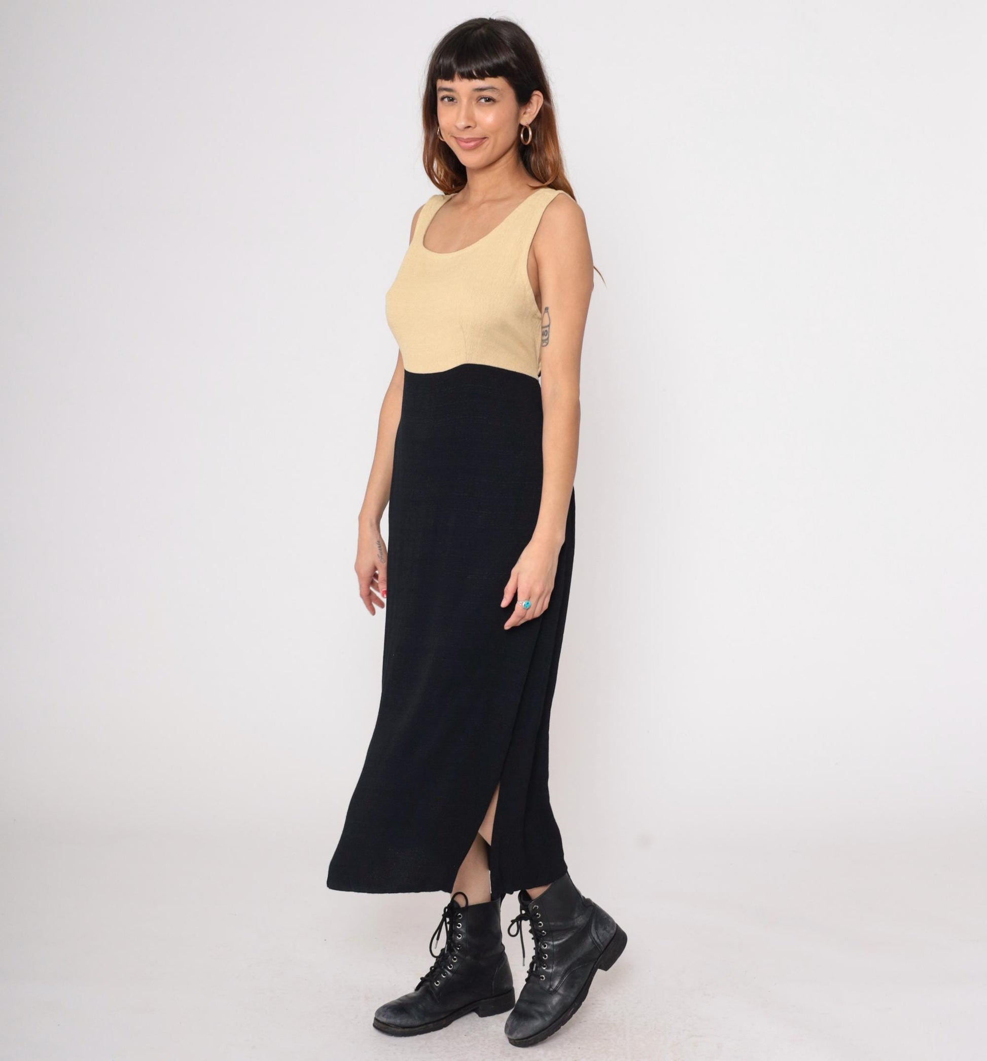 90s K Studio Color Block Maxi Dress Cream Black Tank Sleeveless Large