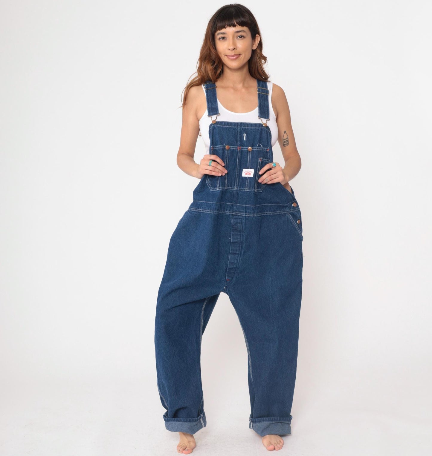 90s Roundhouse Dark Indigo Denim Overalls Carpenter Workwear Men's XL