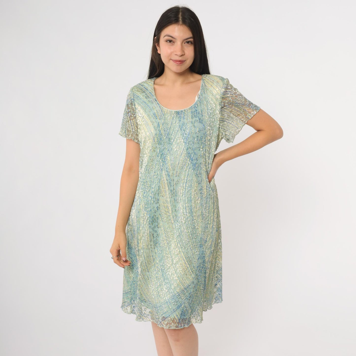 90s Ronni Nicole Iridescent Shimmer Shift Dress Blue Green Knee Length Large