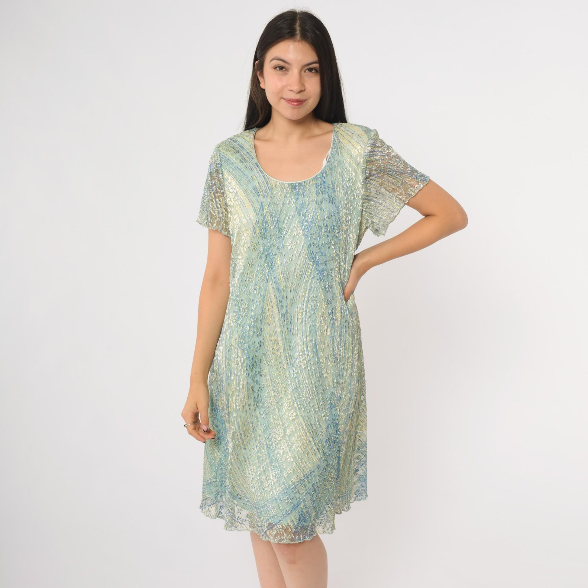 90s Ronni Nicole Iridescent Shimmer Shift Dress Blue Green Knee Length Large