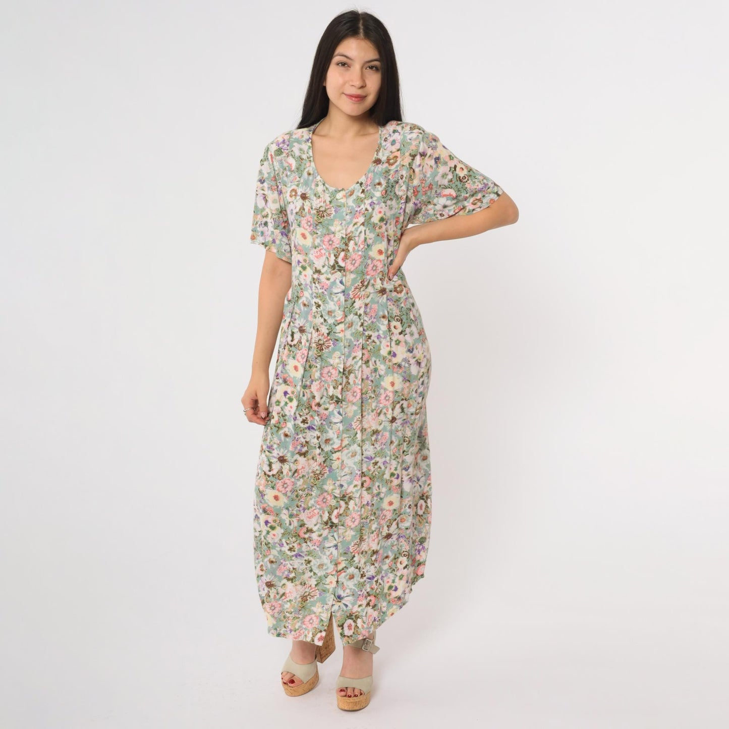 Y2K Floral Maxi Dress Sleeveless Scoop Neck Pink Green Botanical Rayon Medium