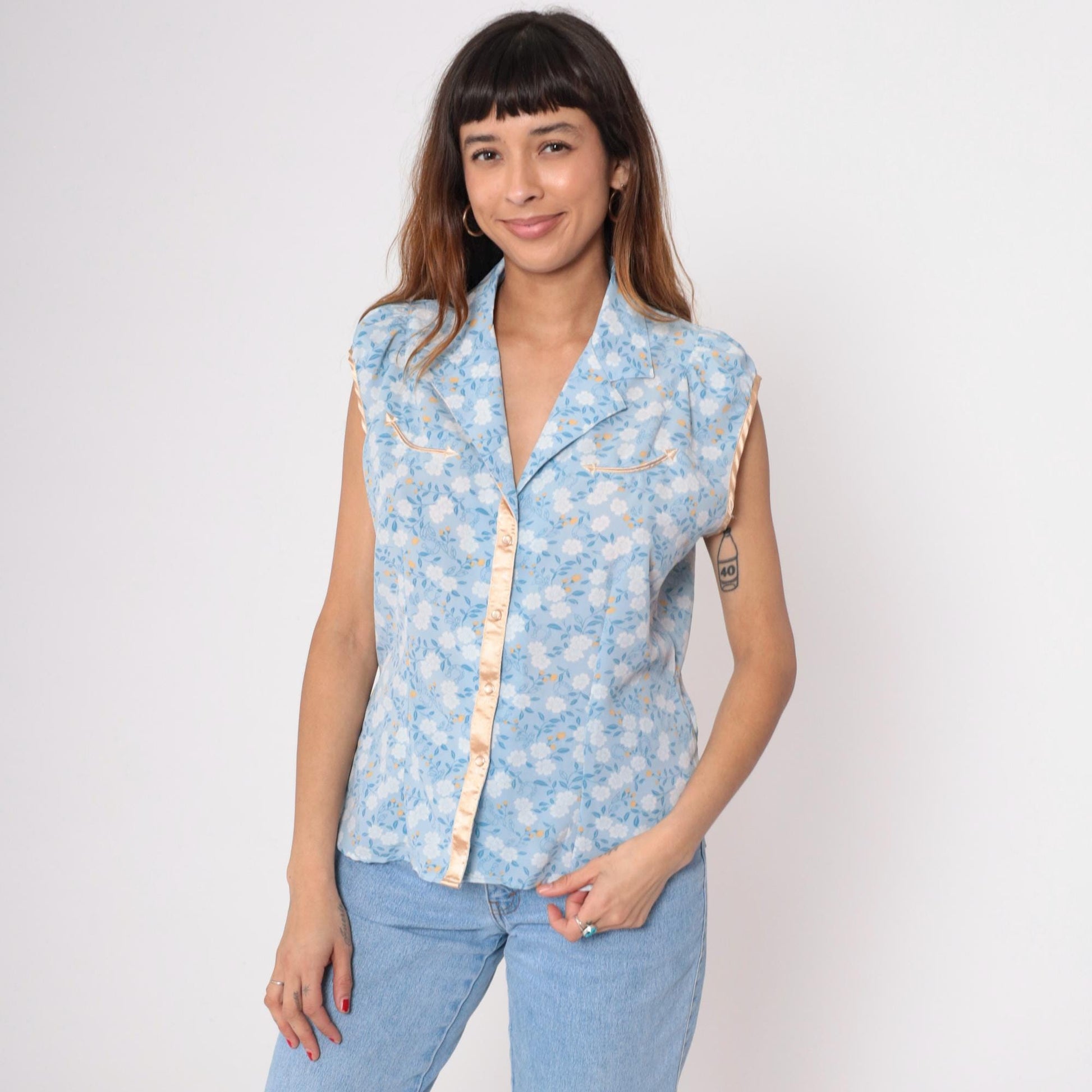 Y2K Shyanne Western Sleeveless Blouse Blue Floral Pearl Snap Large L