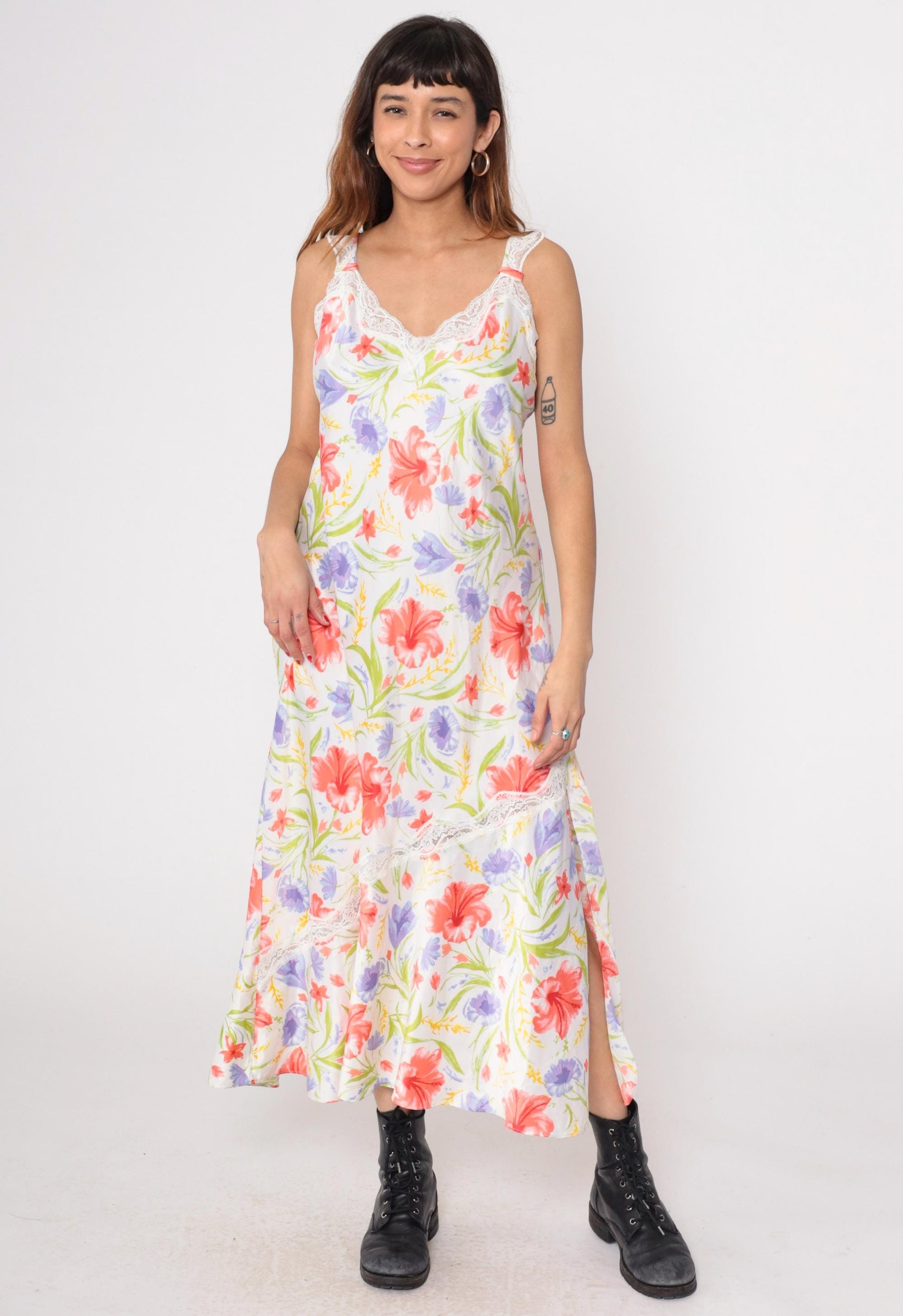 90s White Floral Maxi Slip Dress Coral Purple Lace Trim Large