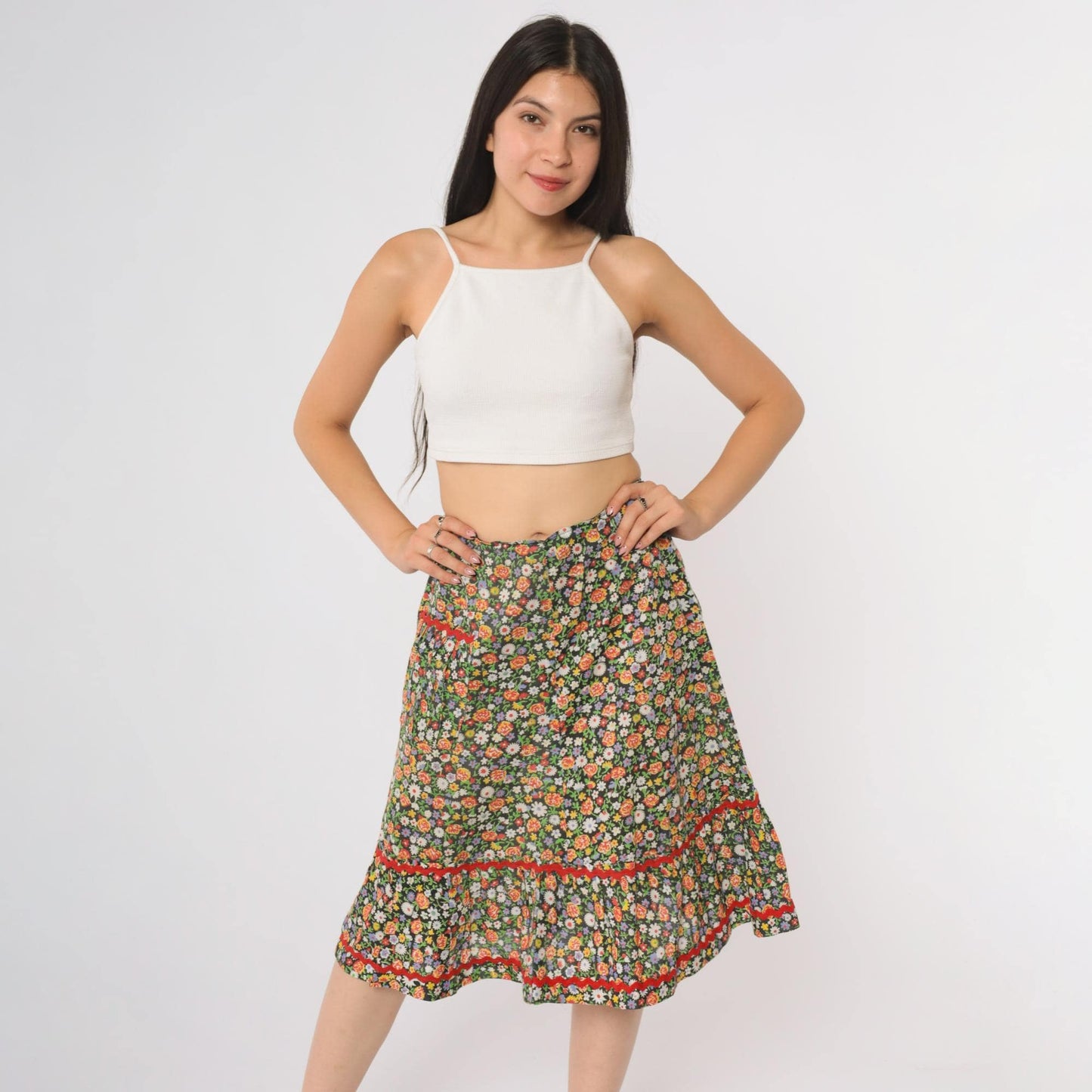 70s Floral Prairie Skirt Tiered Ruffle Midi Black Red Rickrack Small
