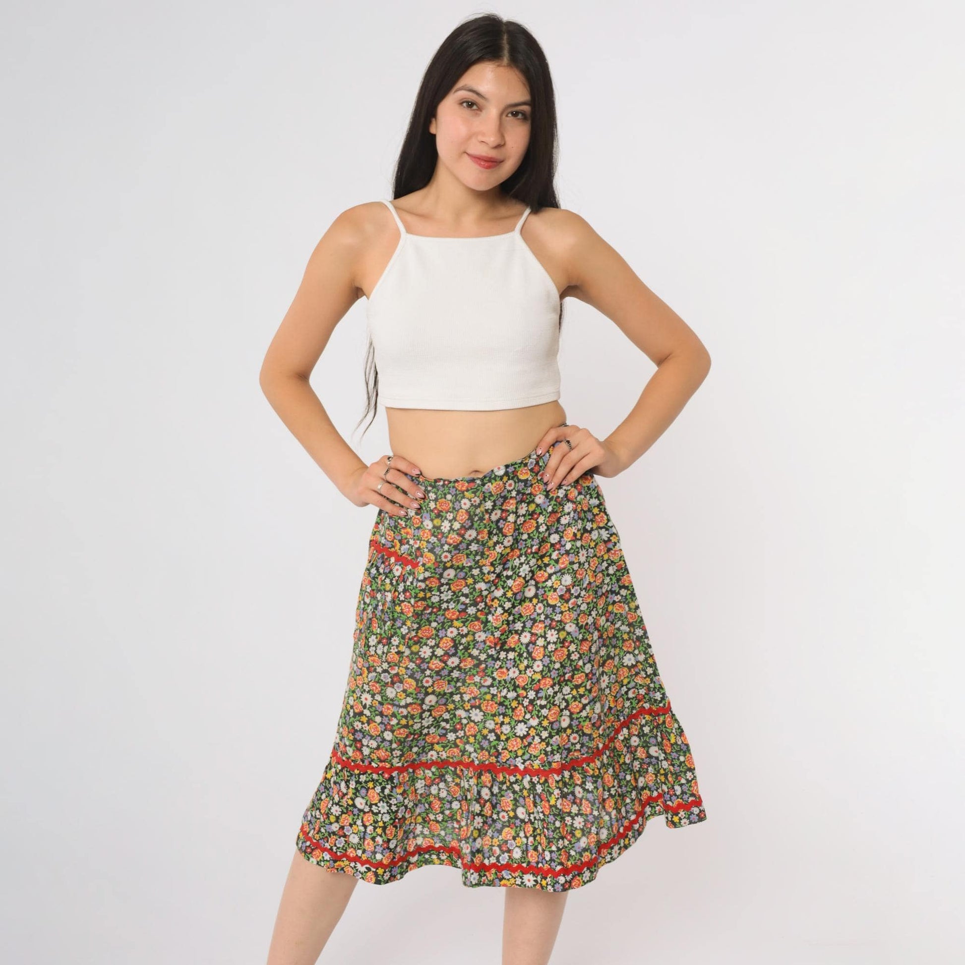 70s Floral Prairie Skirt Tiered Ruffle Midi Black Red Rickrack Small