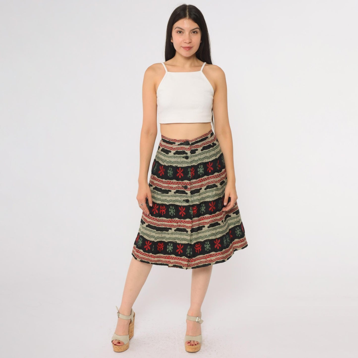 1950s Franz Brunico Italian Geometric Folk Tapestry Midi Skirt Small