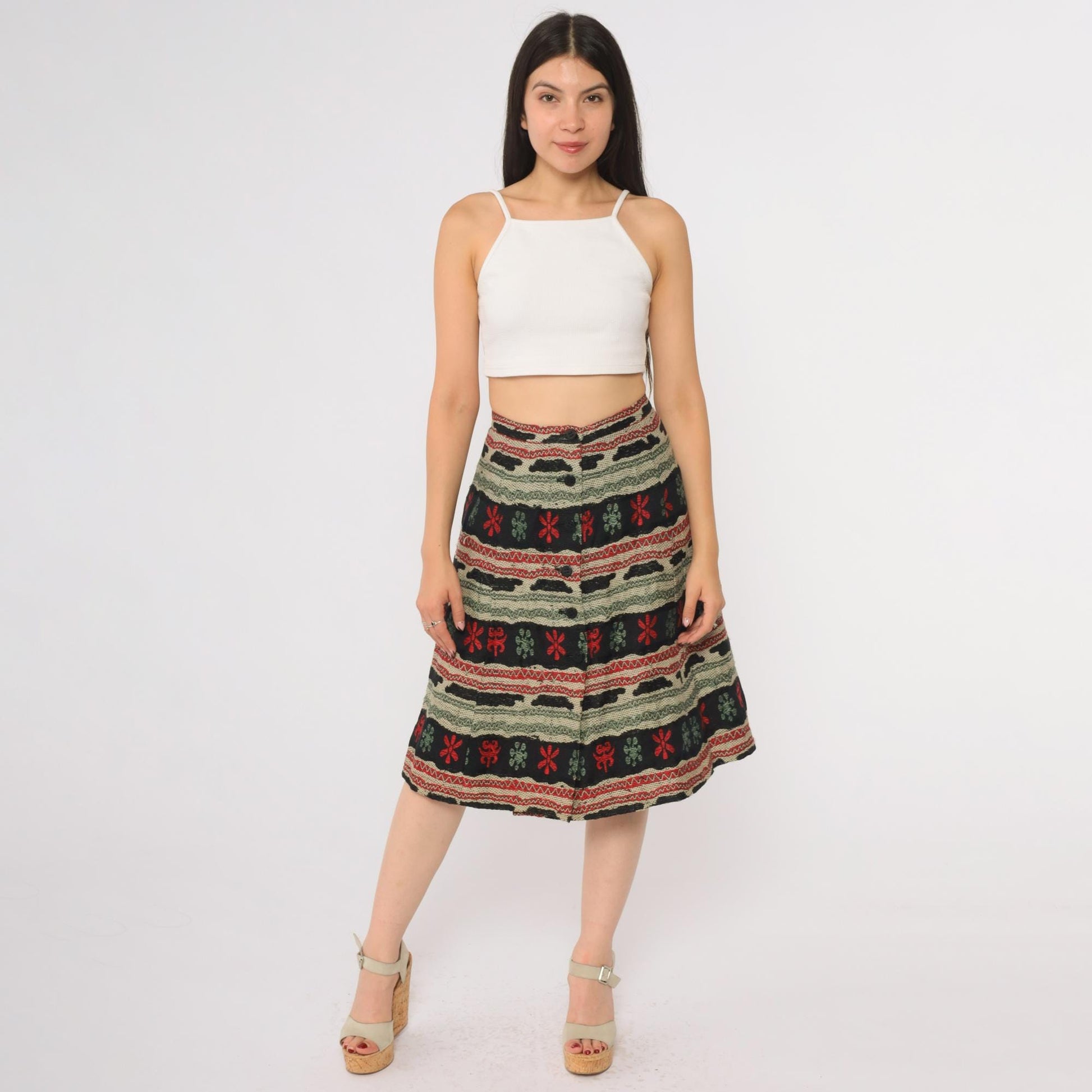 1950s Franz Brunico Italian Geometric Folk Tapestry Midi Skirt Small