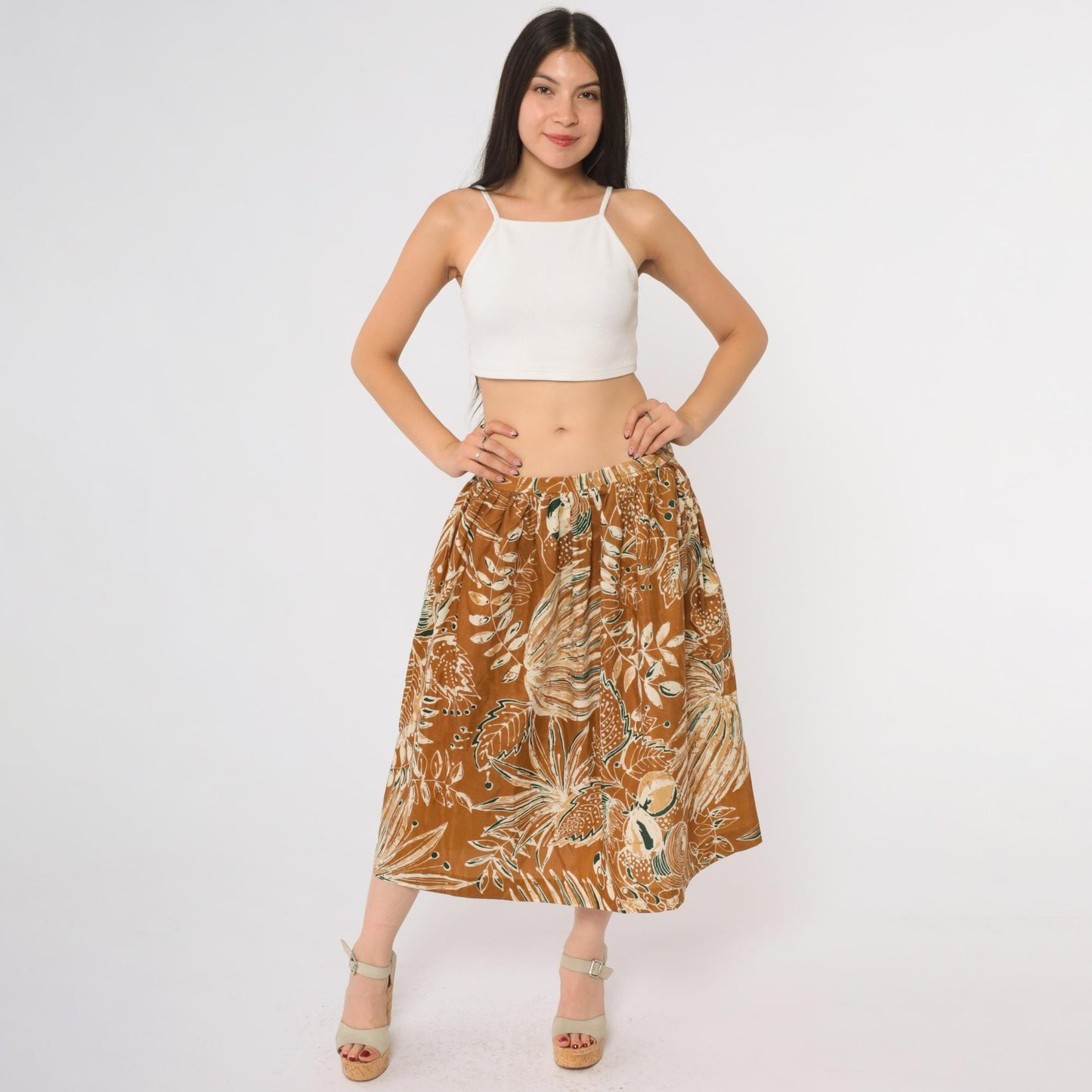 80s Courtwell Tropical Midi Skirt Rust Orange Botanical Print Large