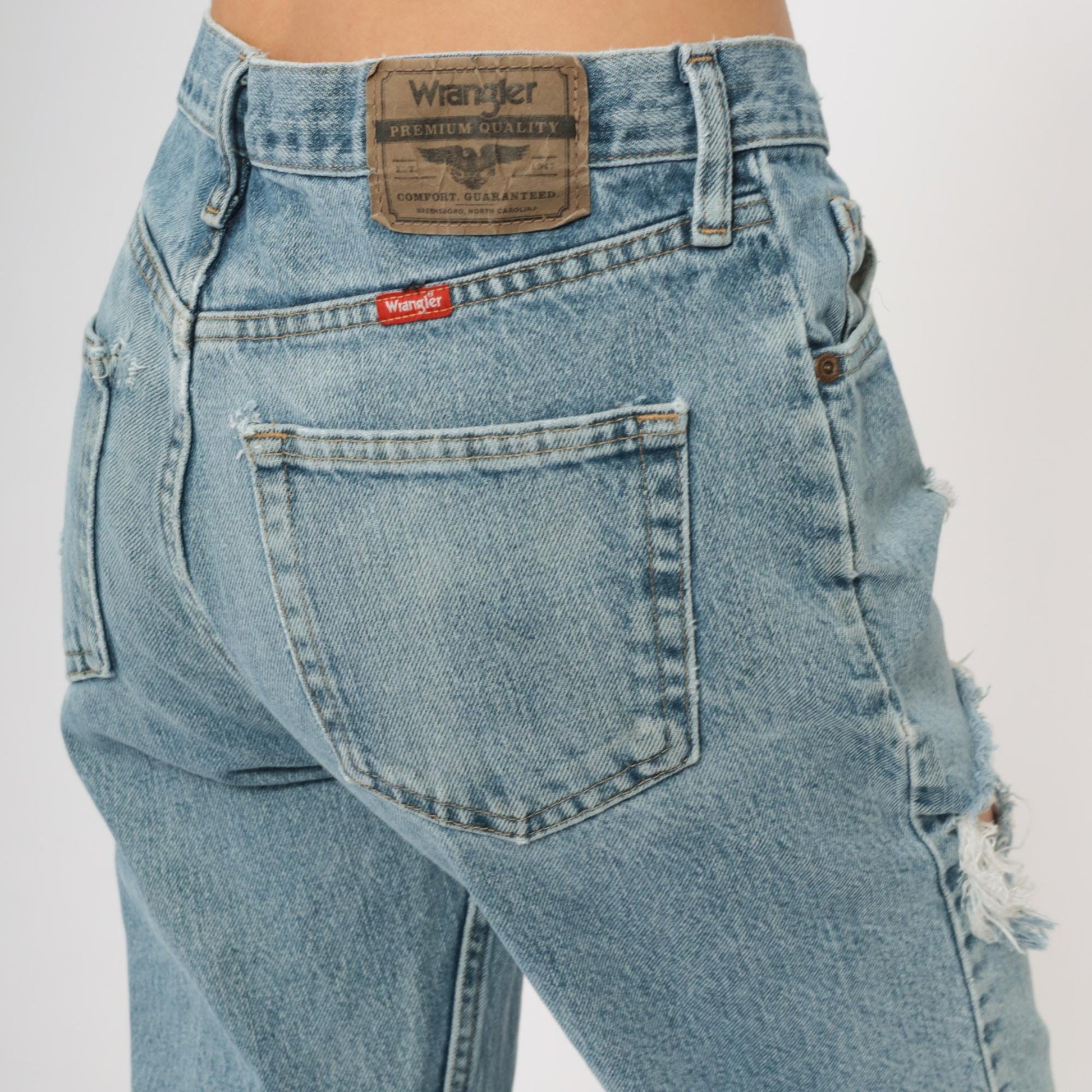 90s Wrangler High Waisted Straight Leg Jeans Blue Distressed Rips 30x32