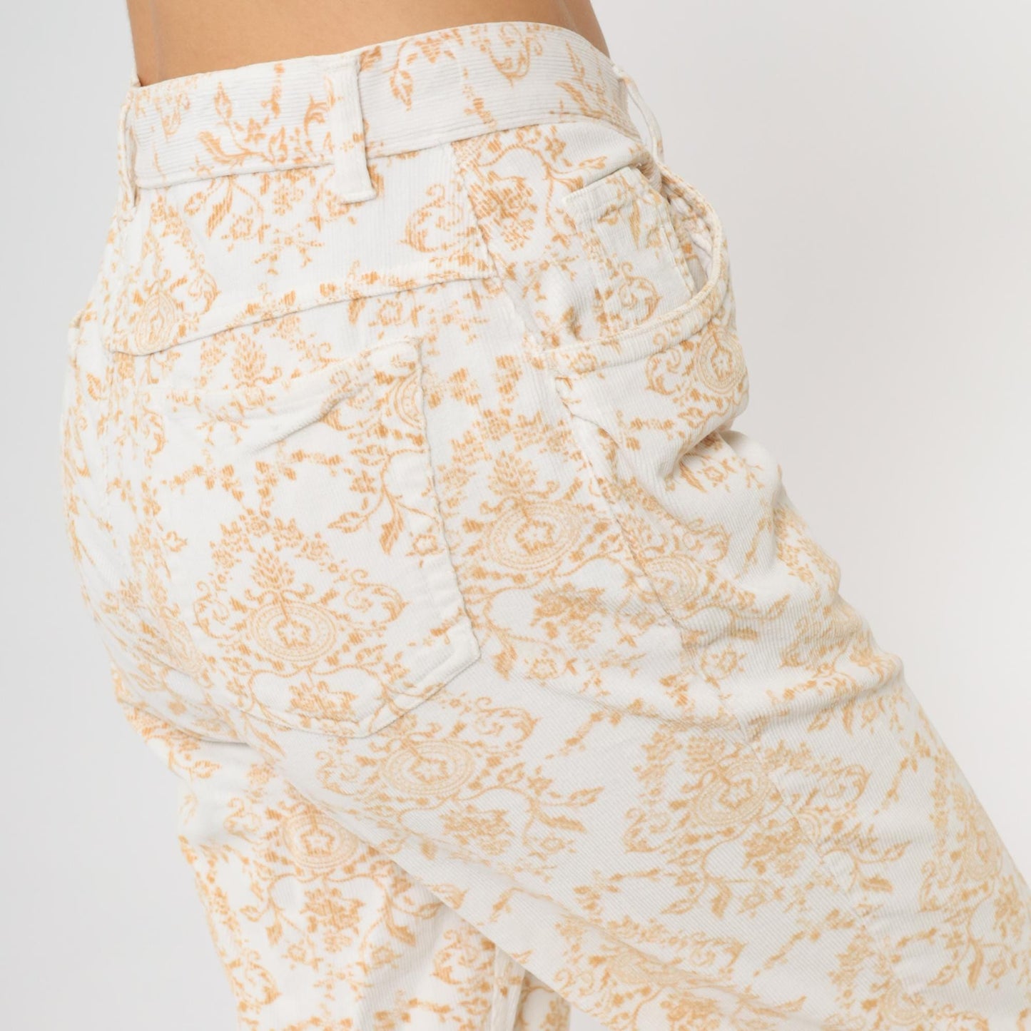Y2K Paisley Corduroy Pants Cream Orange High Waisted Straight Leg Medium M