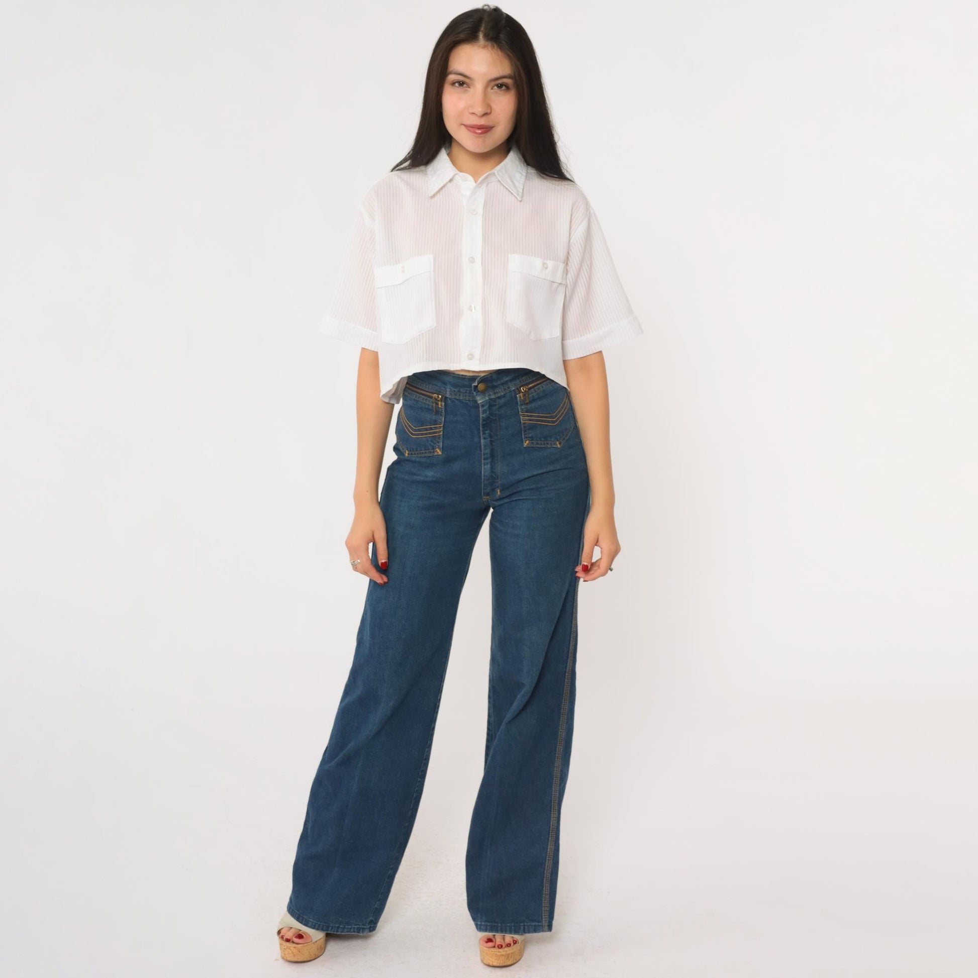 90s Haband Striped Button-Up Crop Top White Vertical Stripes Medium
