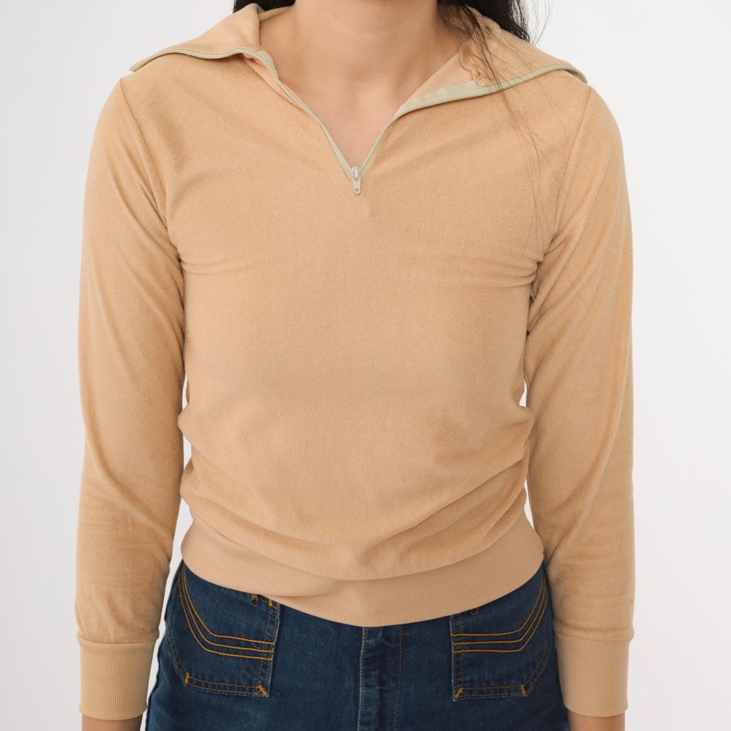80s Tan Velour Quarter Zip Sweatshirt Fleece Pullover Youth Extra Small XXS