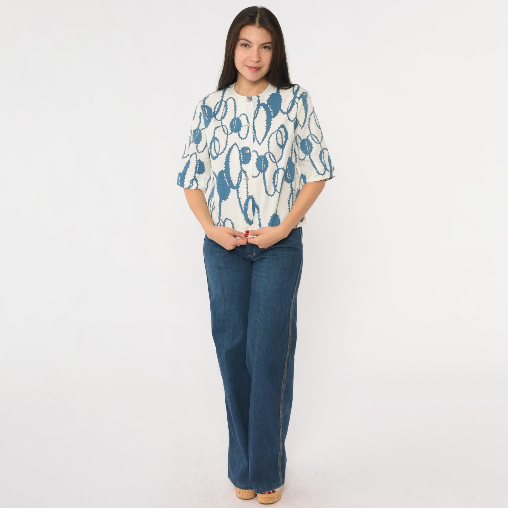 60s Campus Casuals Abstract Print Button Up Blouse Blue White Medium