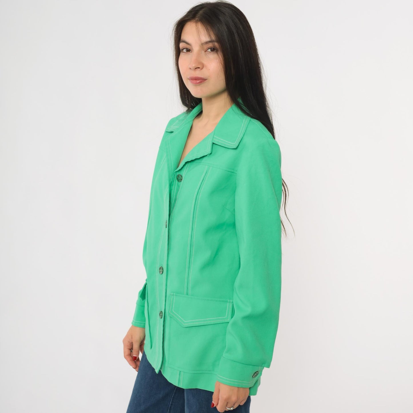 70s Bright Green Shacket Button-Up Shirt Jacket Long Sleeve Small S