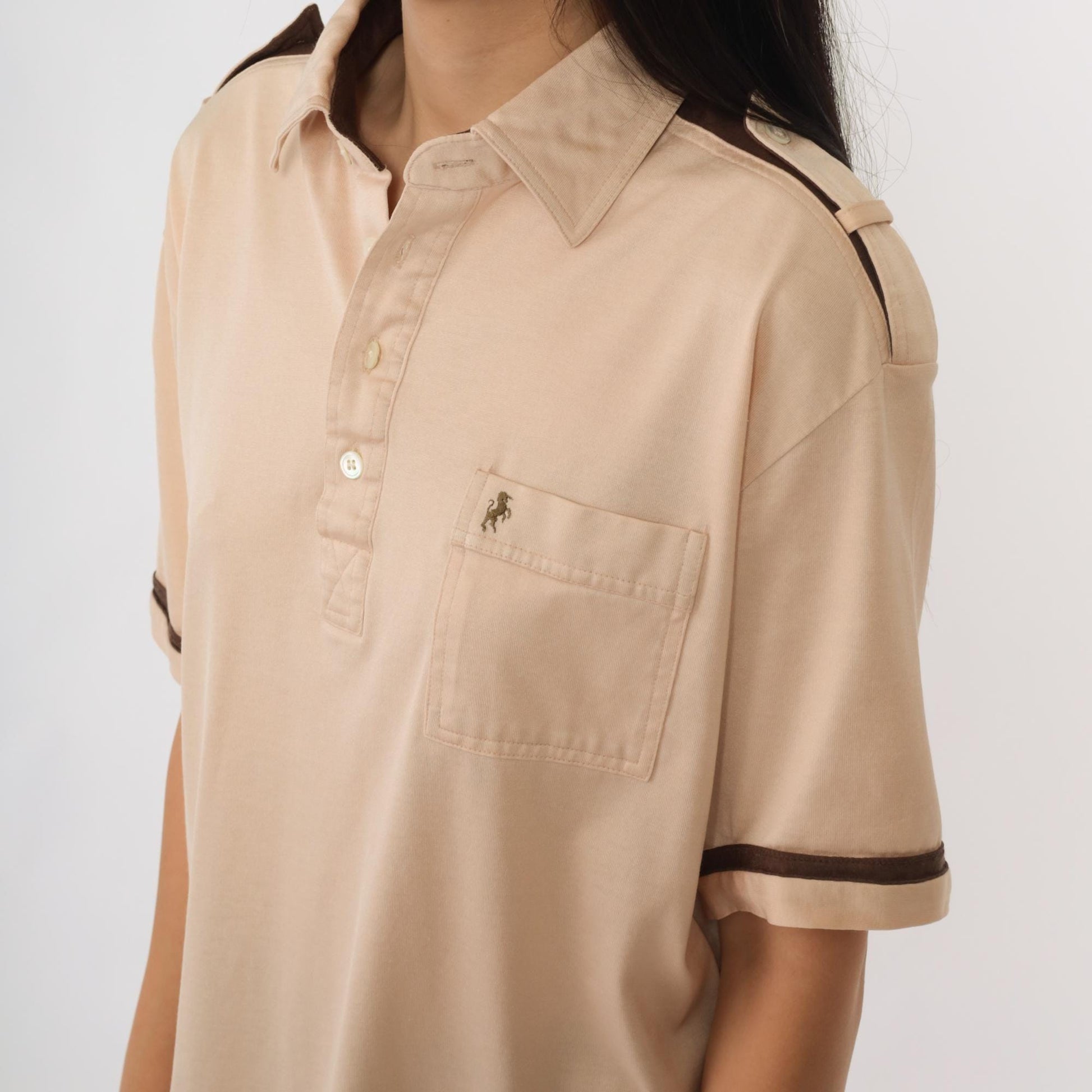 80s Bronzini Beige Polo Shirt Unicorn Emblem Epaulet Medium Tall