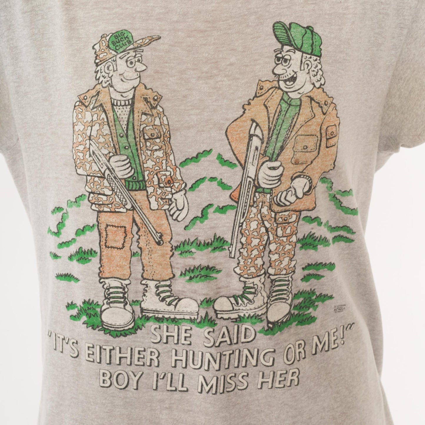 80s Hunting Joke Graphic T-Shirt Screen Stars Cartoon Tee Grey Medium