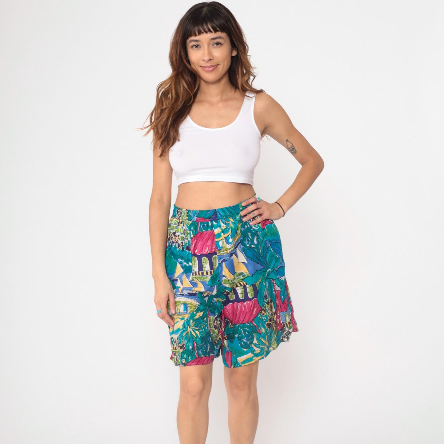 90s Laurel Sport Tropical Shorts Sailboat Palm Tree Print High Waist Small S