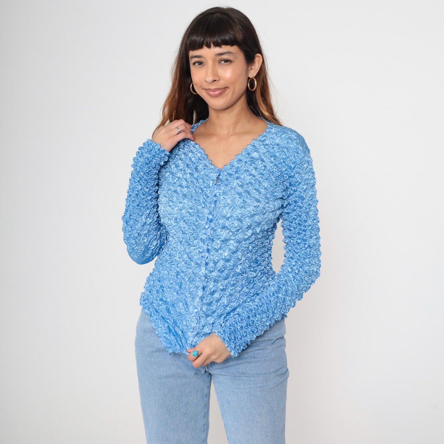 Y2K Light Blue Popcorn Cardigan Bubble Knit Button-Up Small