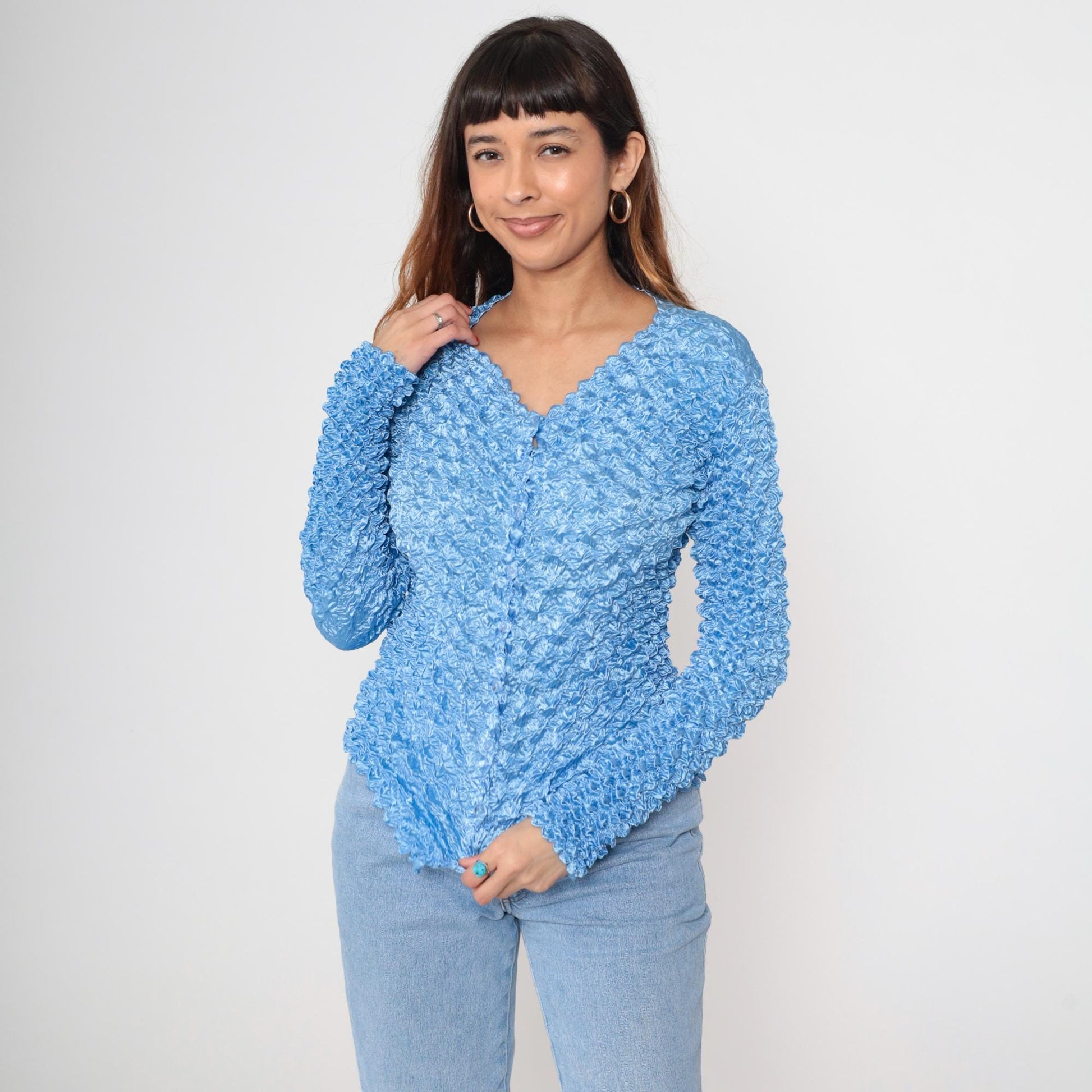 Y2K Light Blue Popcorn Cardigan Bubble Knit Button-Up Small