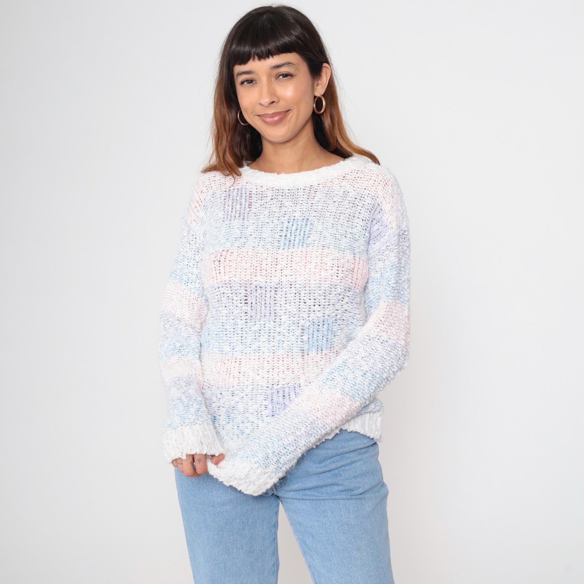 80s Striped Popcorn Knit Sweater Baby Pink Blue Purple Puff Sleeve Small