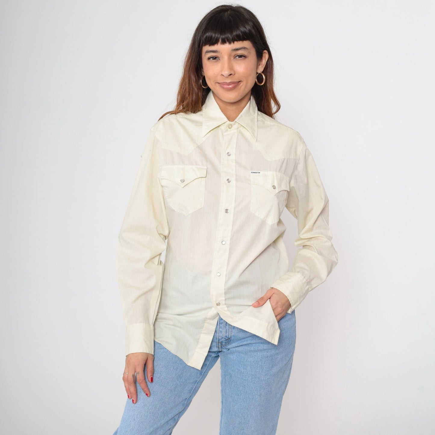 70s Kennington Western Pearl Snap Shirt Pale Yellow Long Sleeve Medium