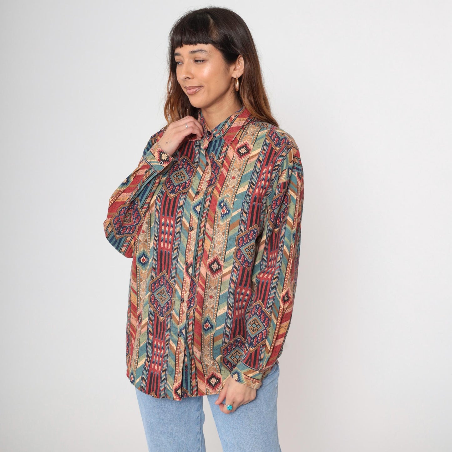 90s Margo's Southwestern Tribal Print Button-Up Shirt Cotton Large L