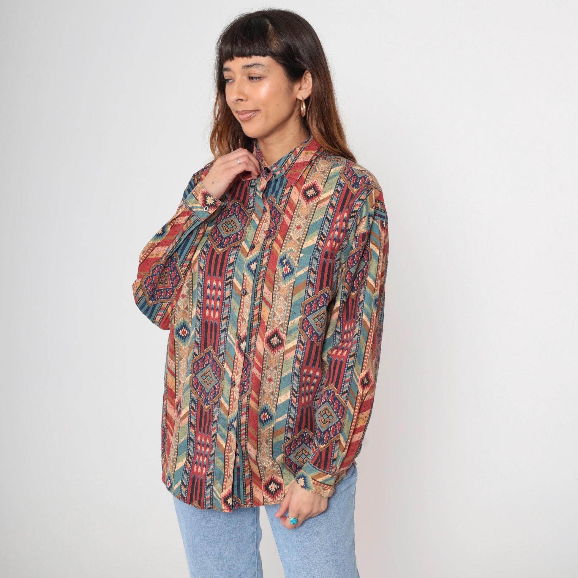 90s Margo's Southwestern Tribal Print Button-Up Shirt Cotton Large L