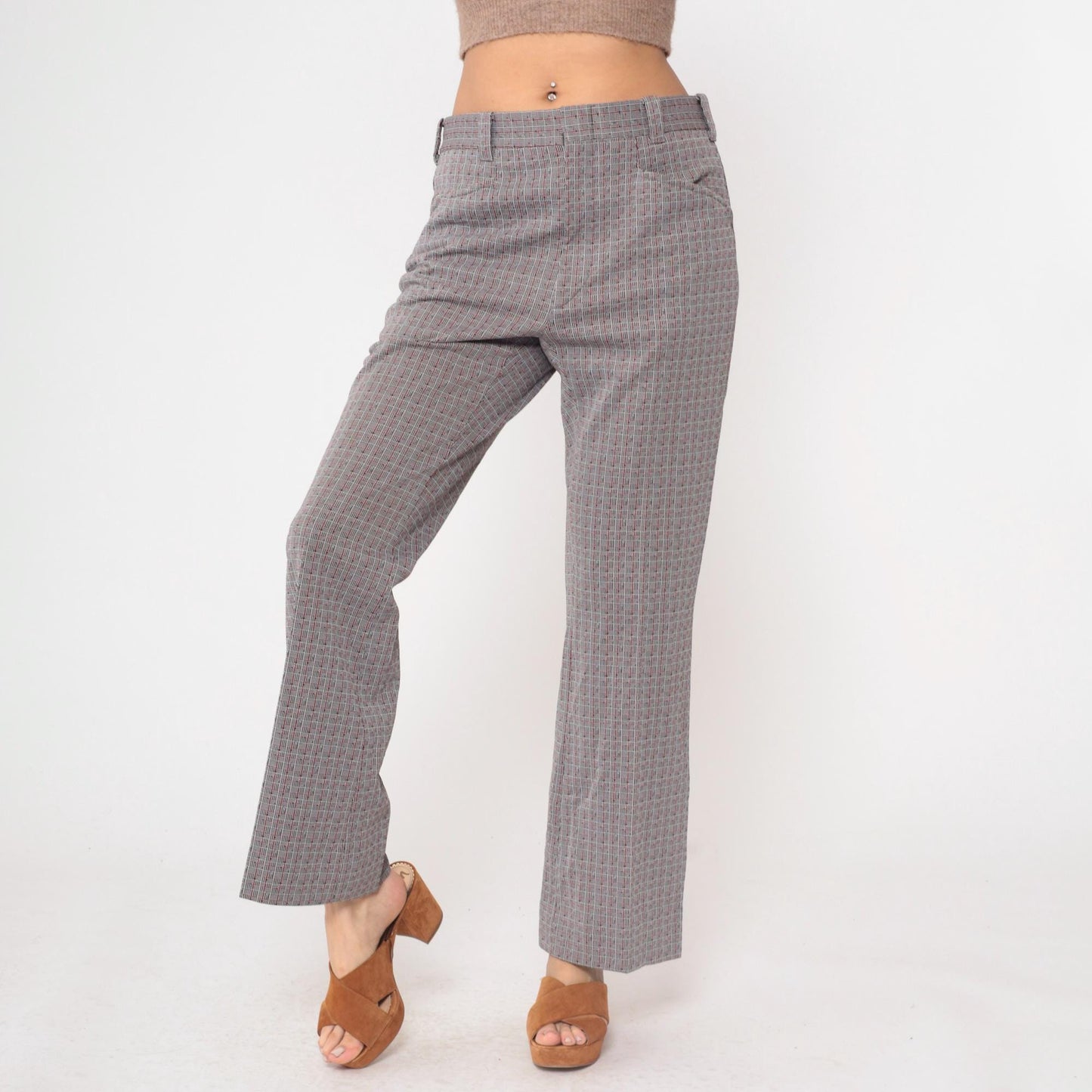 70s Grey Plaid Straight Leg Trousers High Waisted Checkered Cotton Blend Medium M