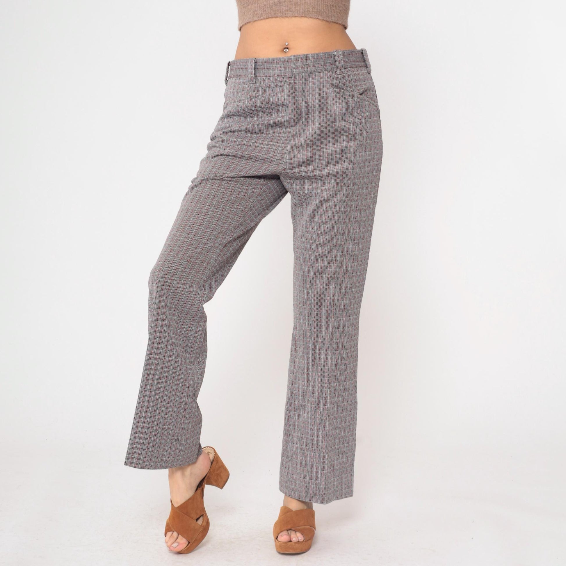 70s Grey Plaid Straight Leg Trousers High Waisted Checkered Cotton Blend Medium M