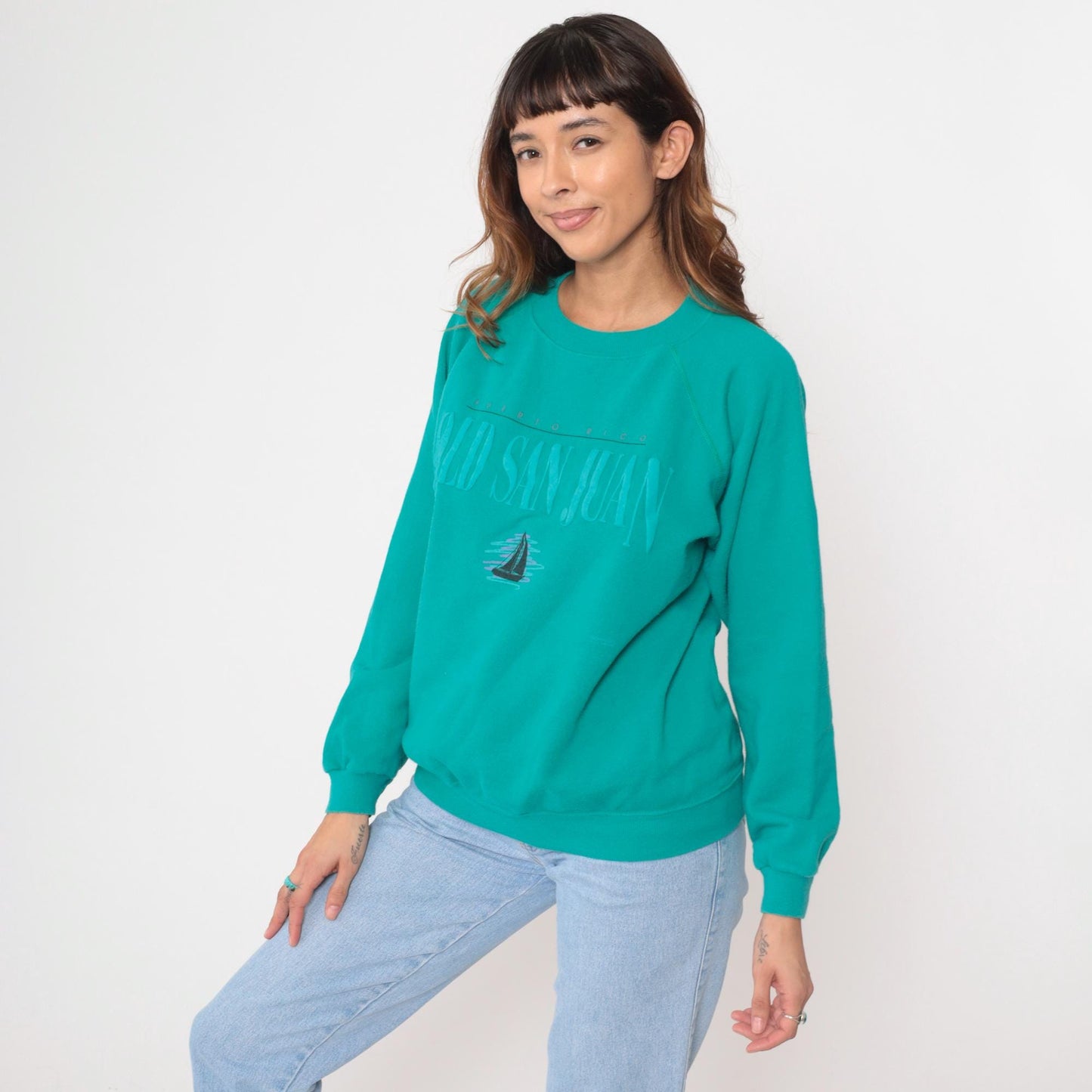 90s Hanes Turquoise Old San Juan Sailboat Raglan Sweatshirt Large L