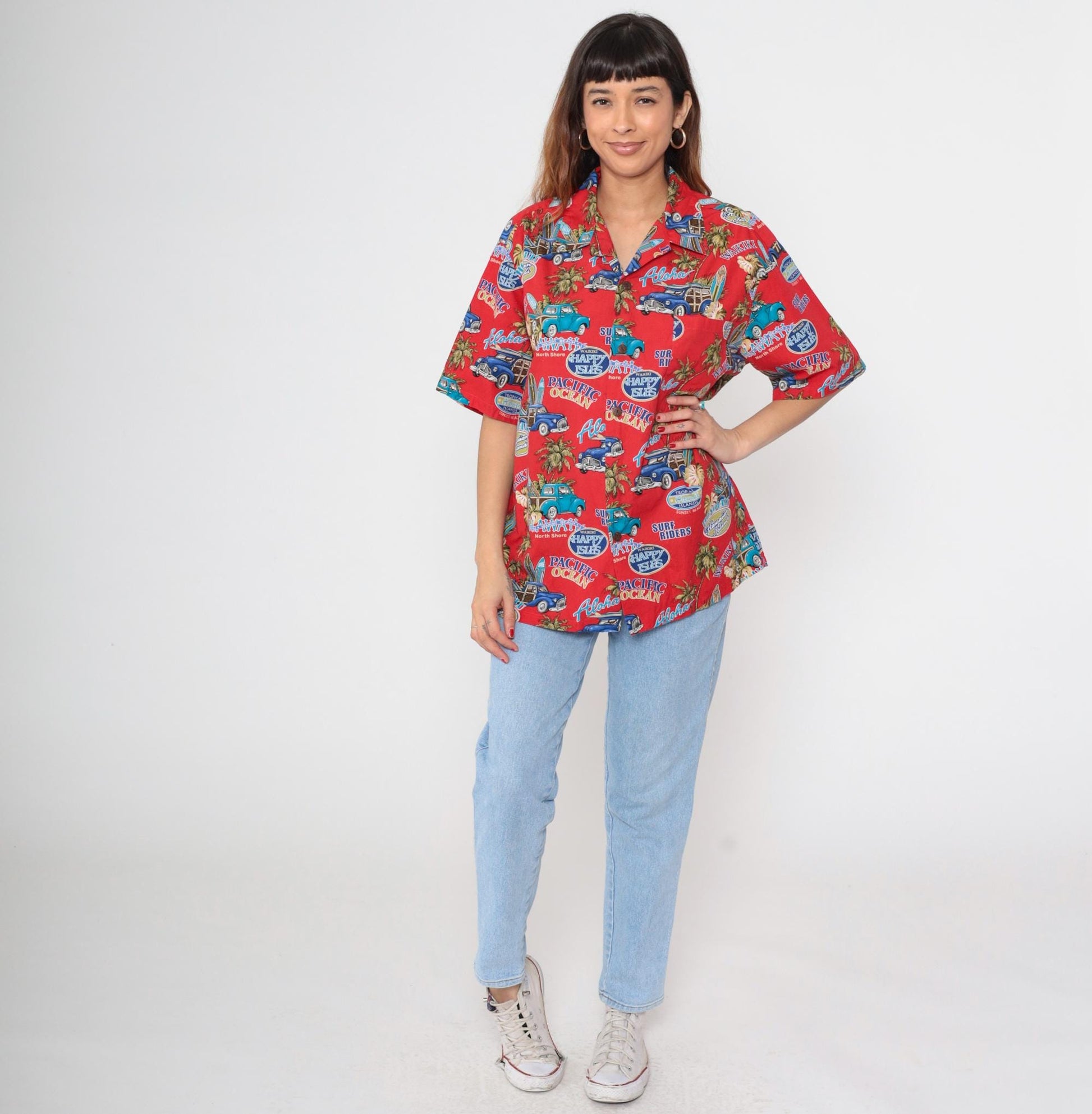 90s Howie Red Hawaiian Shirt Woodie Car Surf Print Aloha Mens Large L