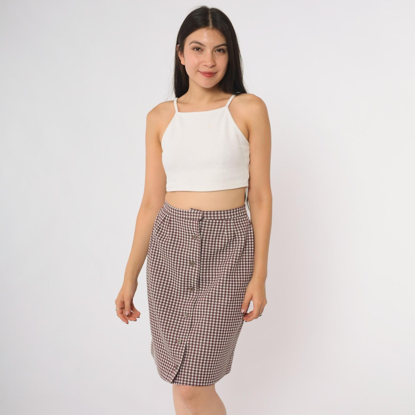 70s Burgundy Gingham Mini Skirt Button-Front High-Waist A-Line Small S