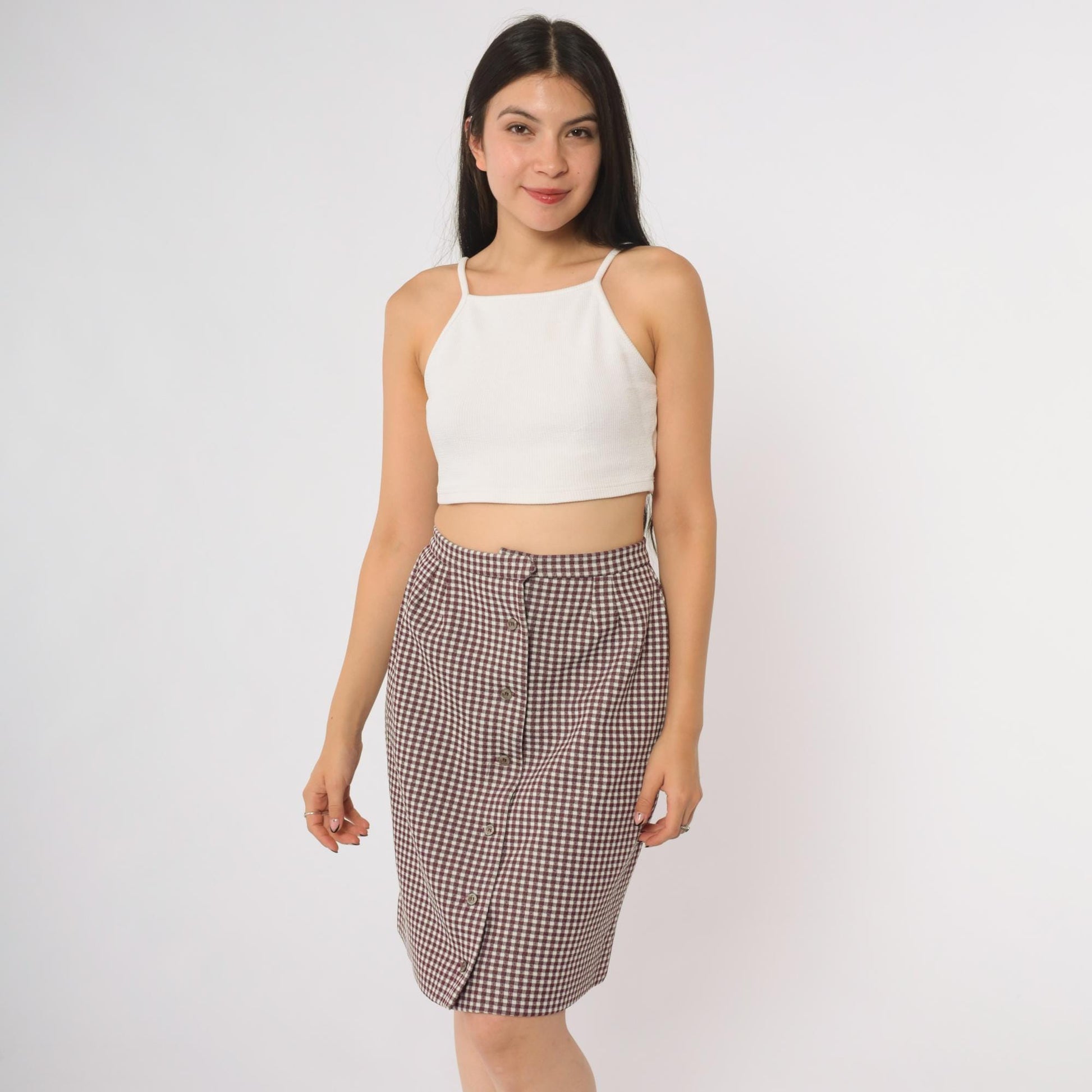 70s Burgundy Gingham Mini Skirt Button-Front High-Waist A-Line Small S