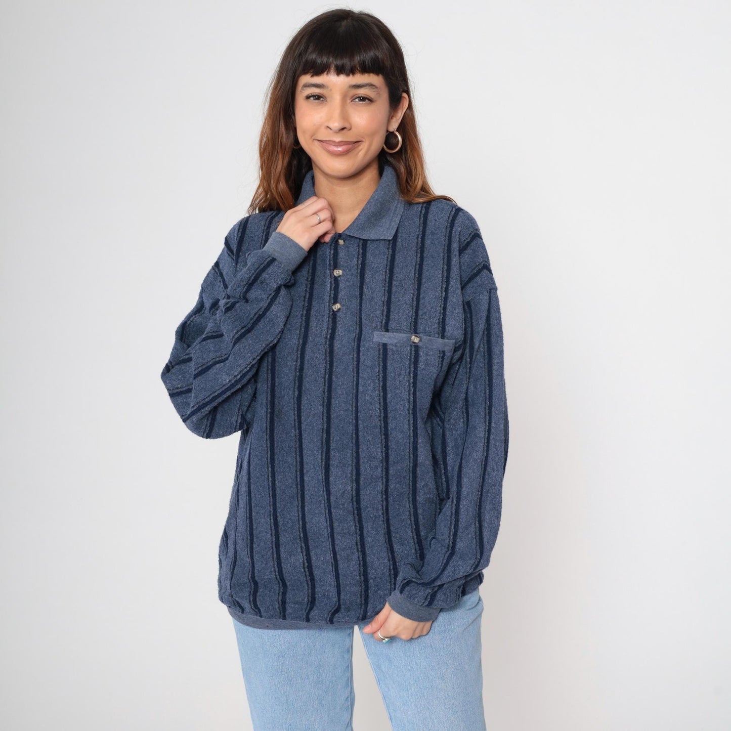 90s Navy Striped Henley Knit Sweater Button-Up Crewneck Large L
